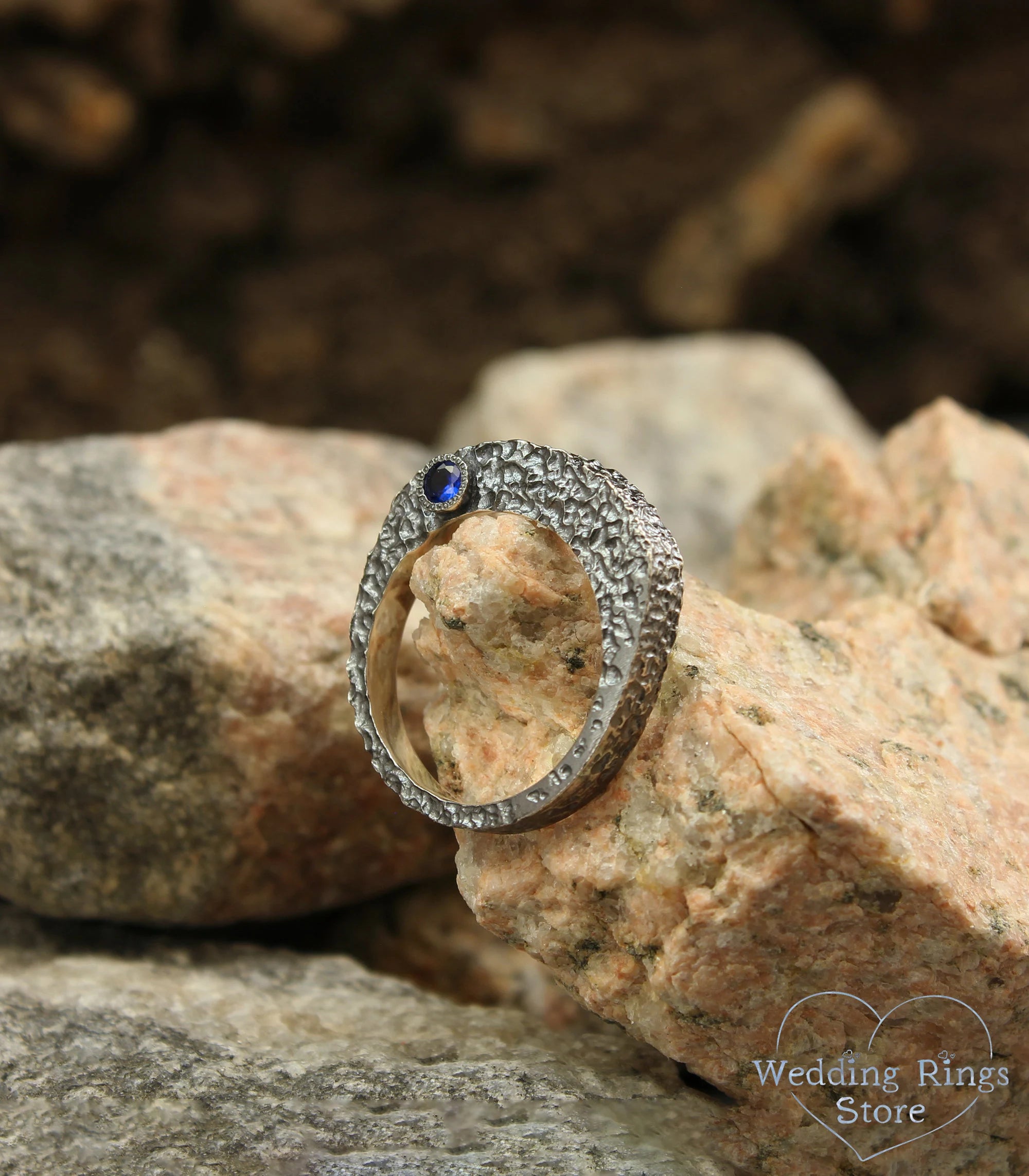 Unique Silver Rocky Hammered Lava Ring with Sapphire