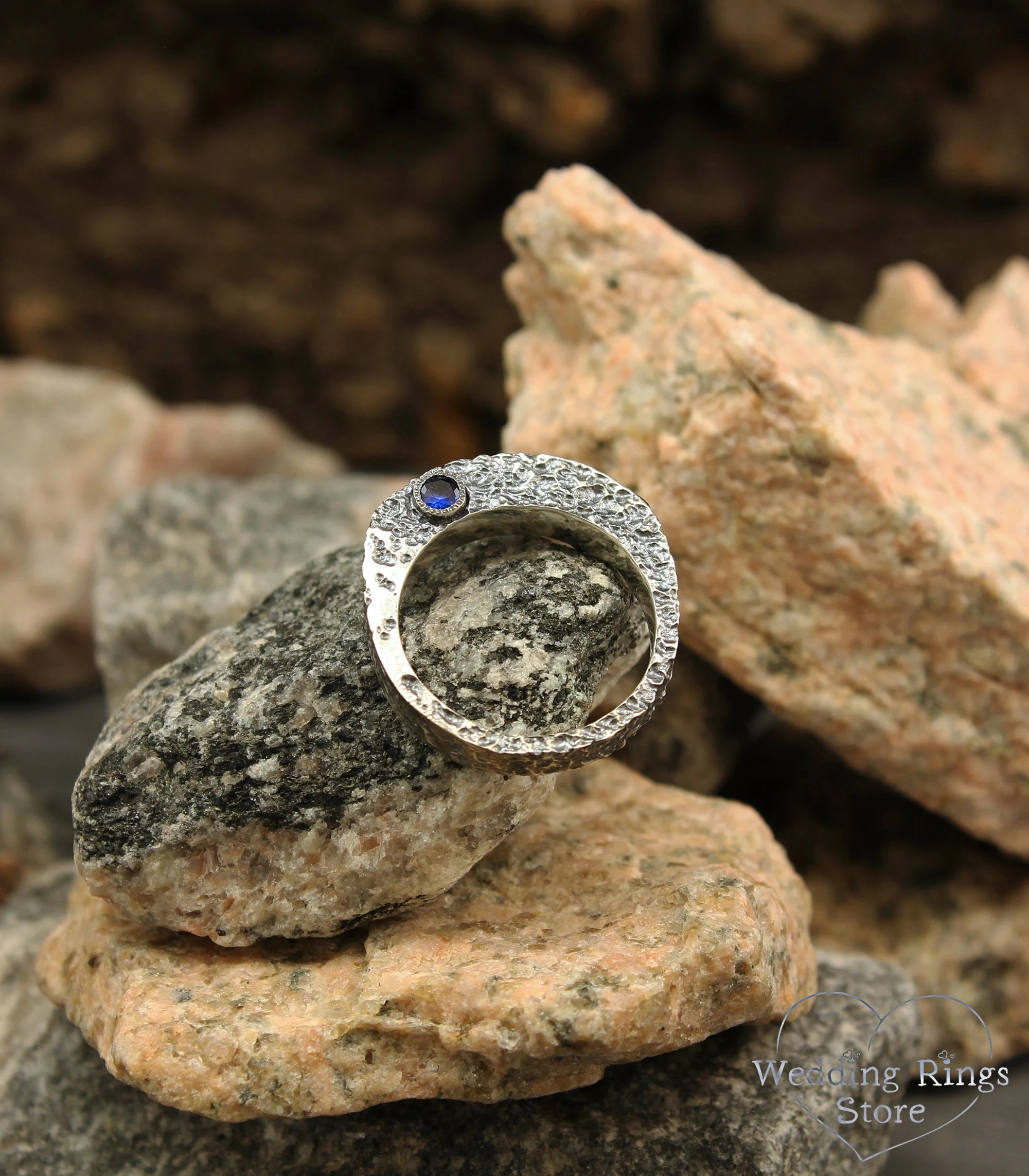 Unique Silver Rocky Hammered Lava Ring with Sapphire
