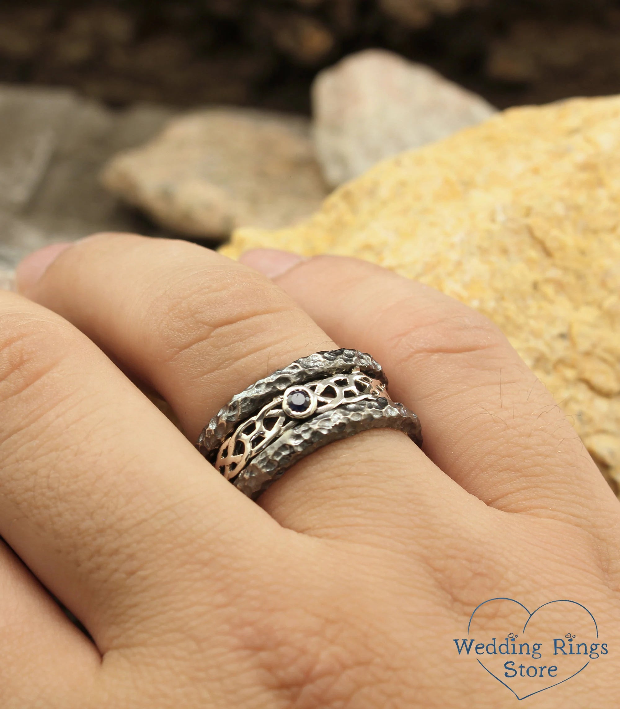 Wide Hammered Silver Celtic Wedding Band with Sapphire