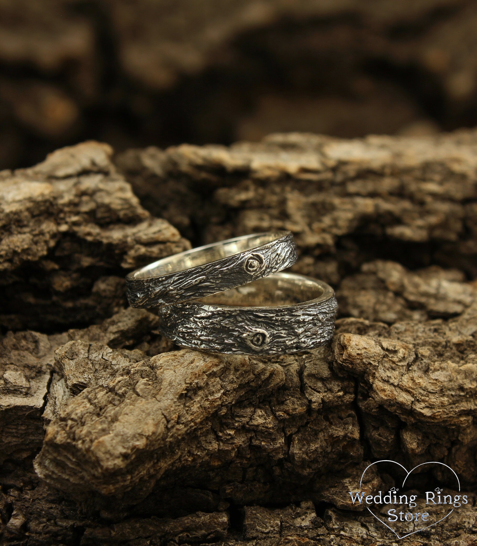 Silver Wood Bark Wedding Bands for Couple Tree Inpired