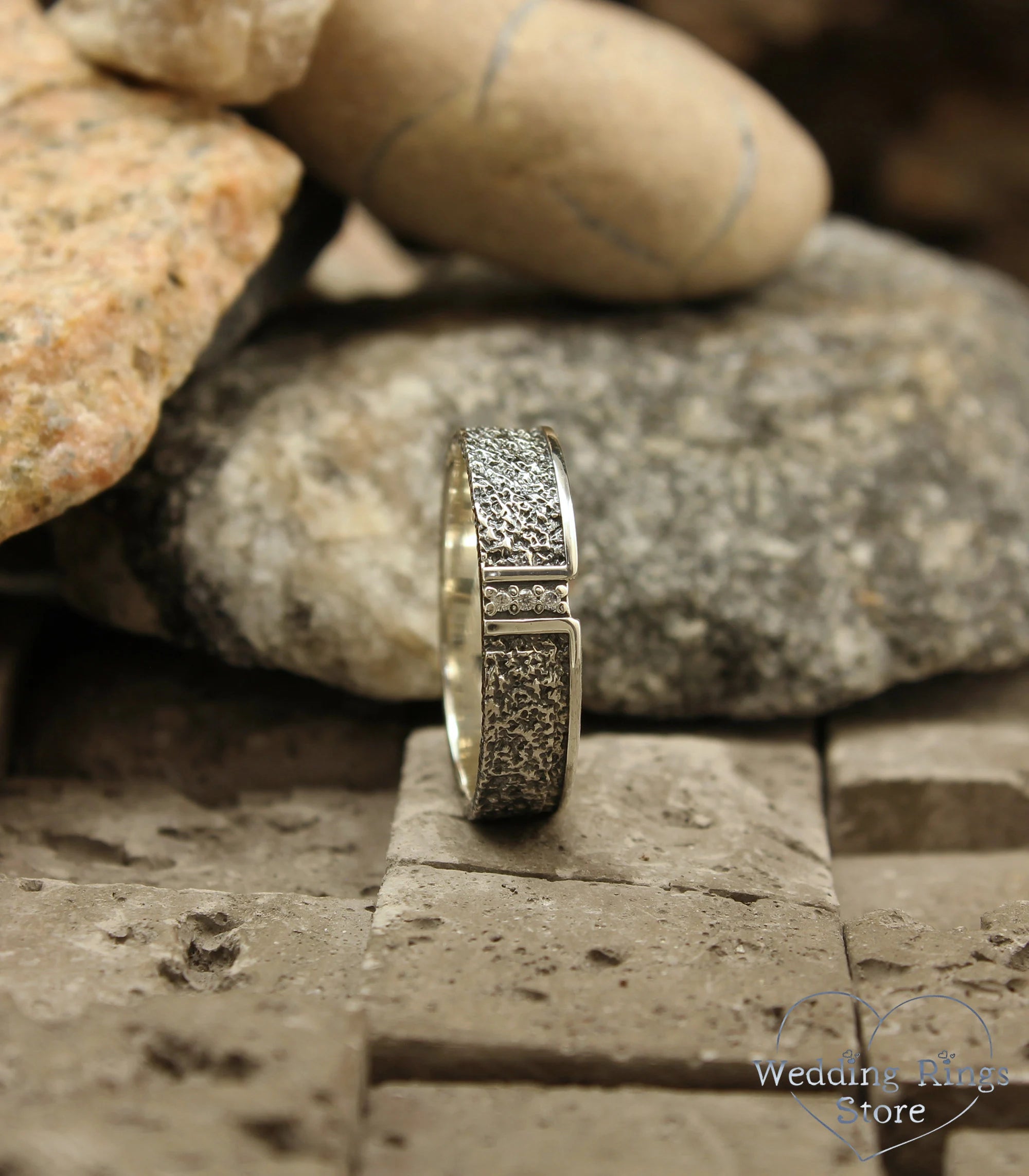 Modern Silver Hammered Diamond Wedding Band