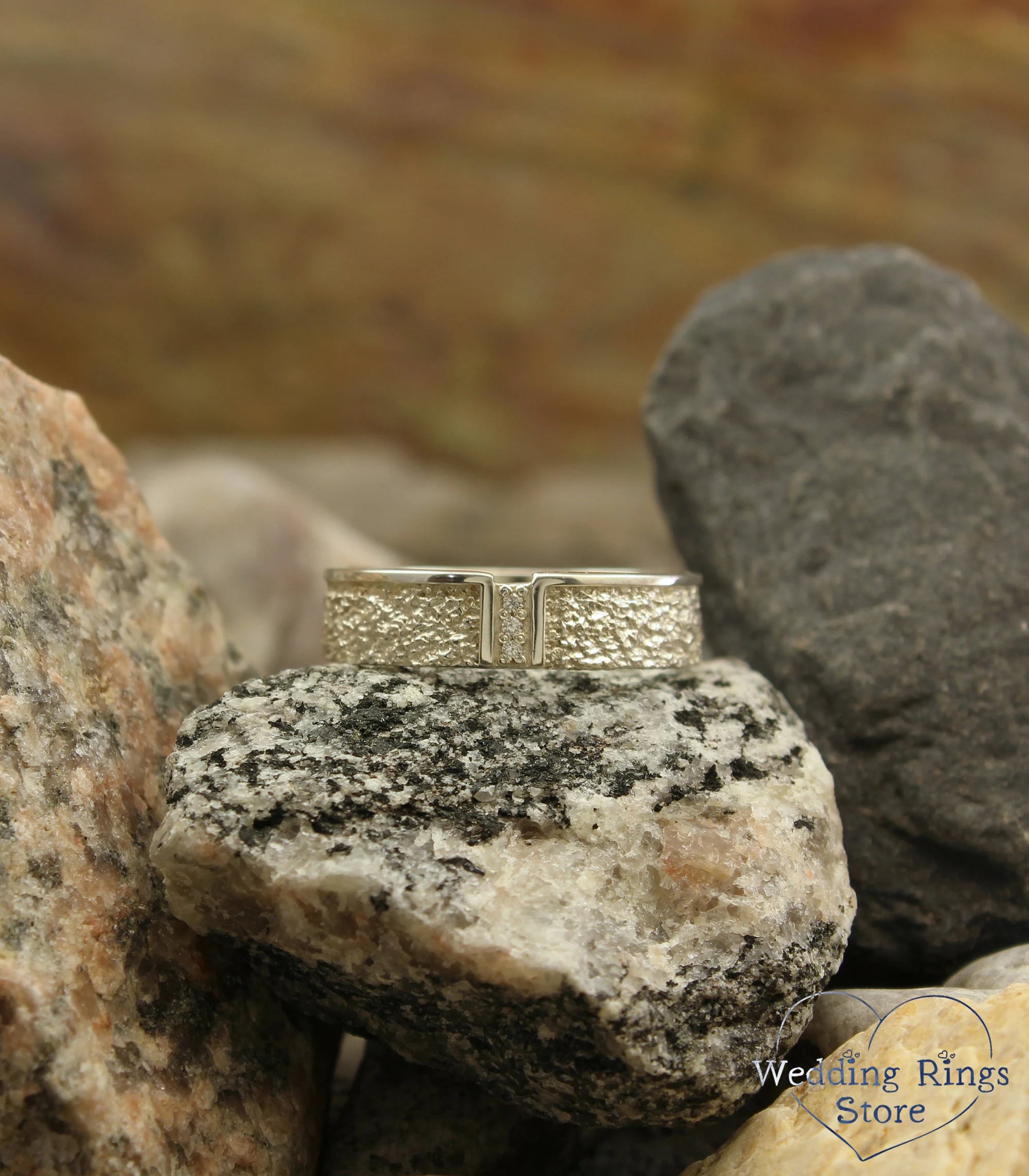 Modern Silver Hammered Diamond Wedding Band