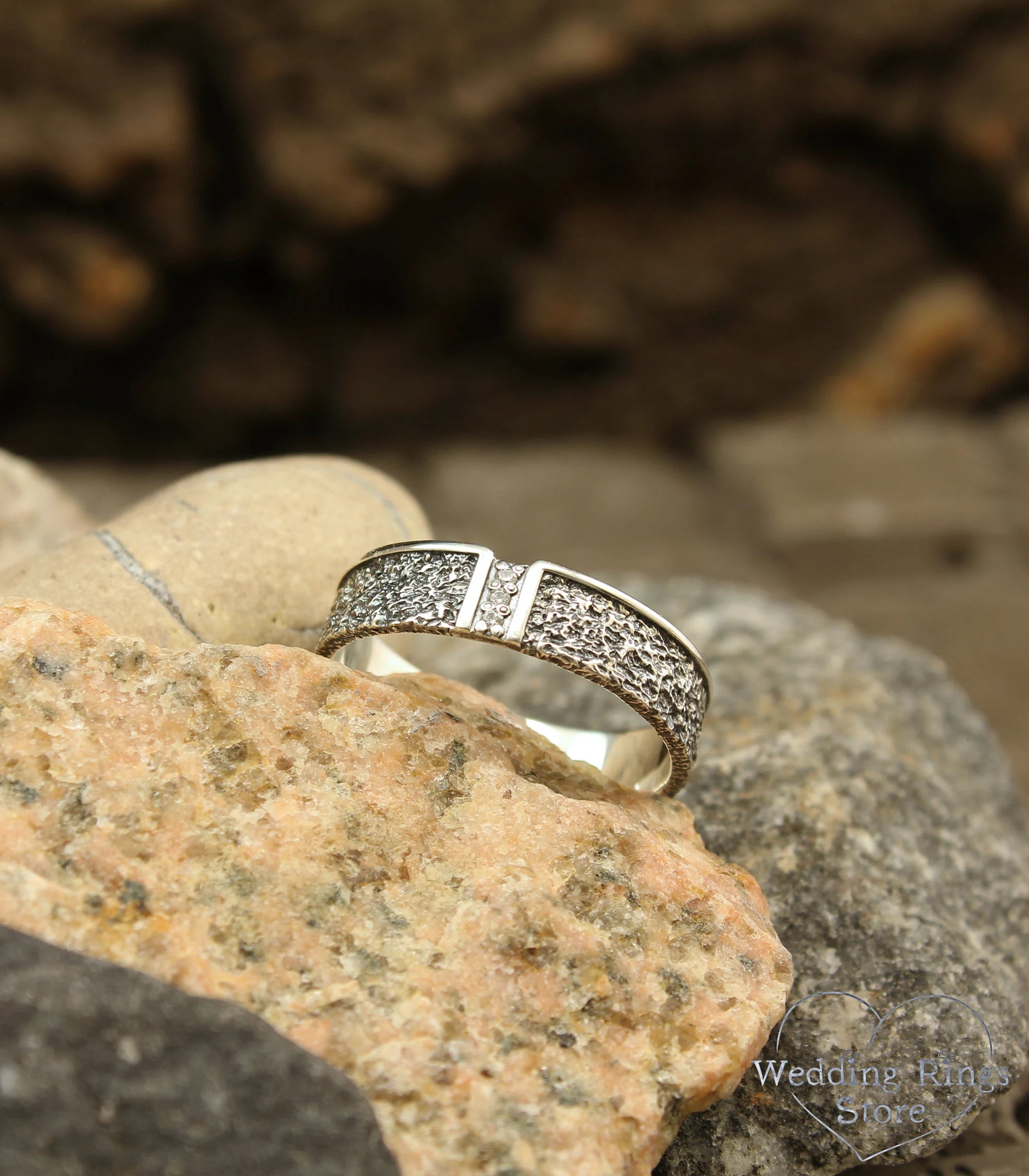 Modern Silver Hammered Diamond Wedding Band