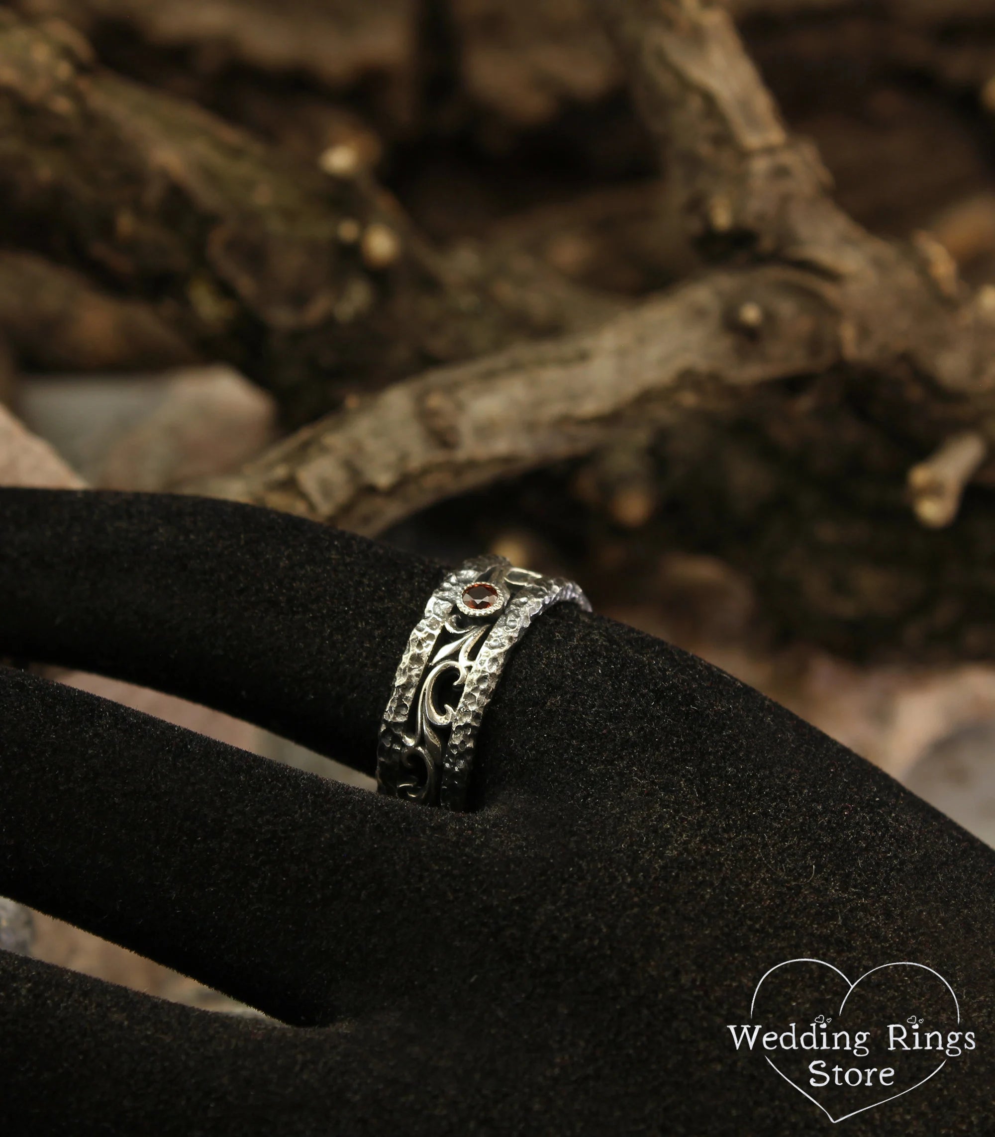 Garnet & Silver Rock and Vine Wedding Ring with Antique finish