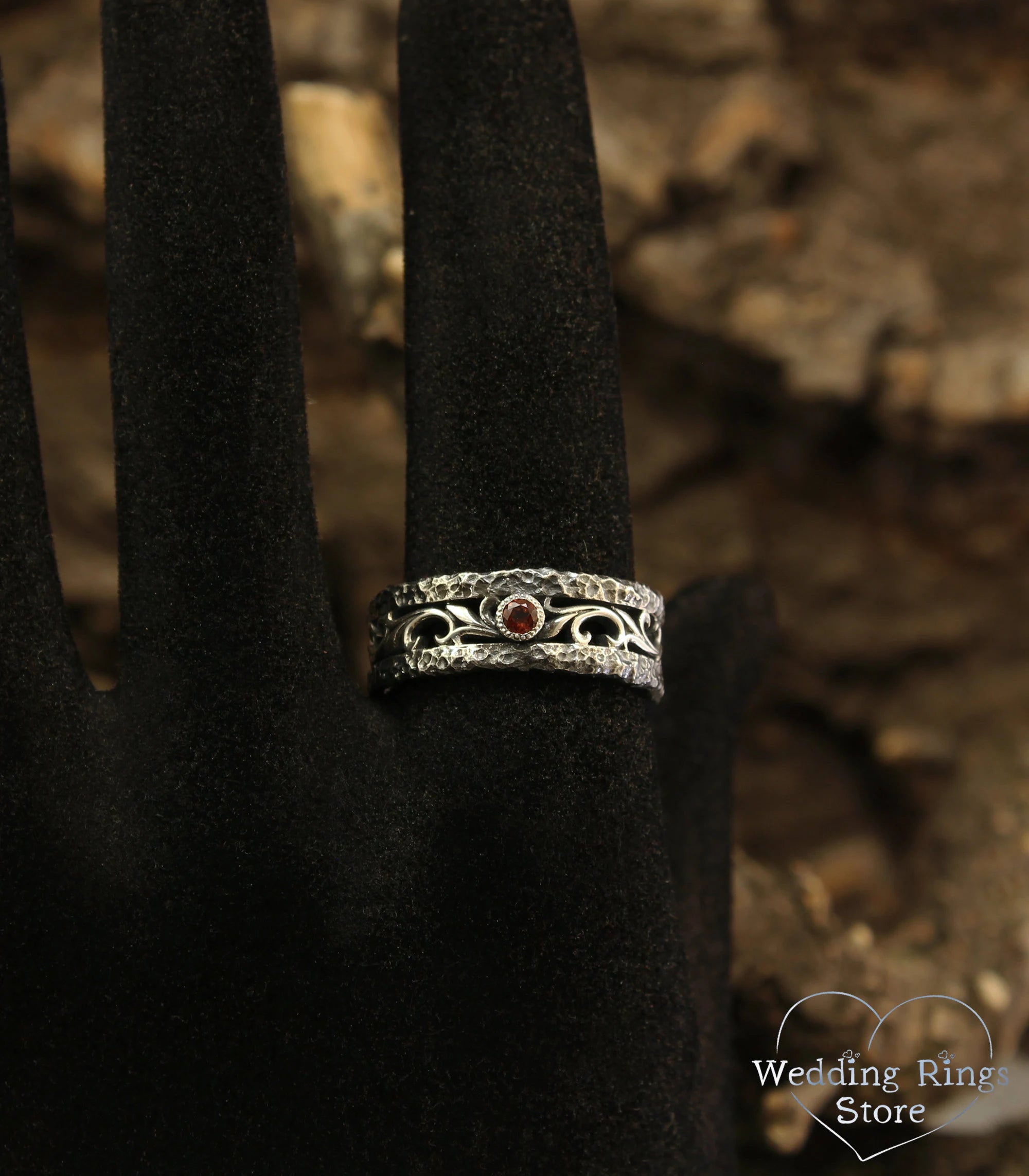 Garnet & Silver Rock and Vine Wedding Ring with Antique finish