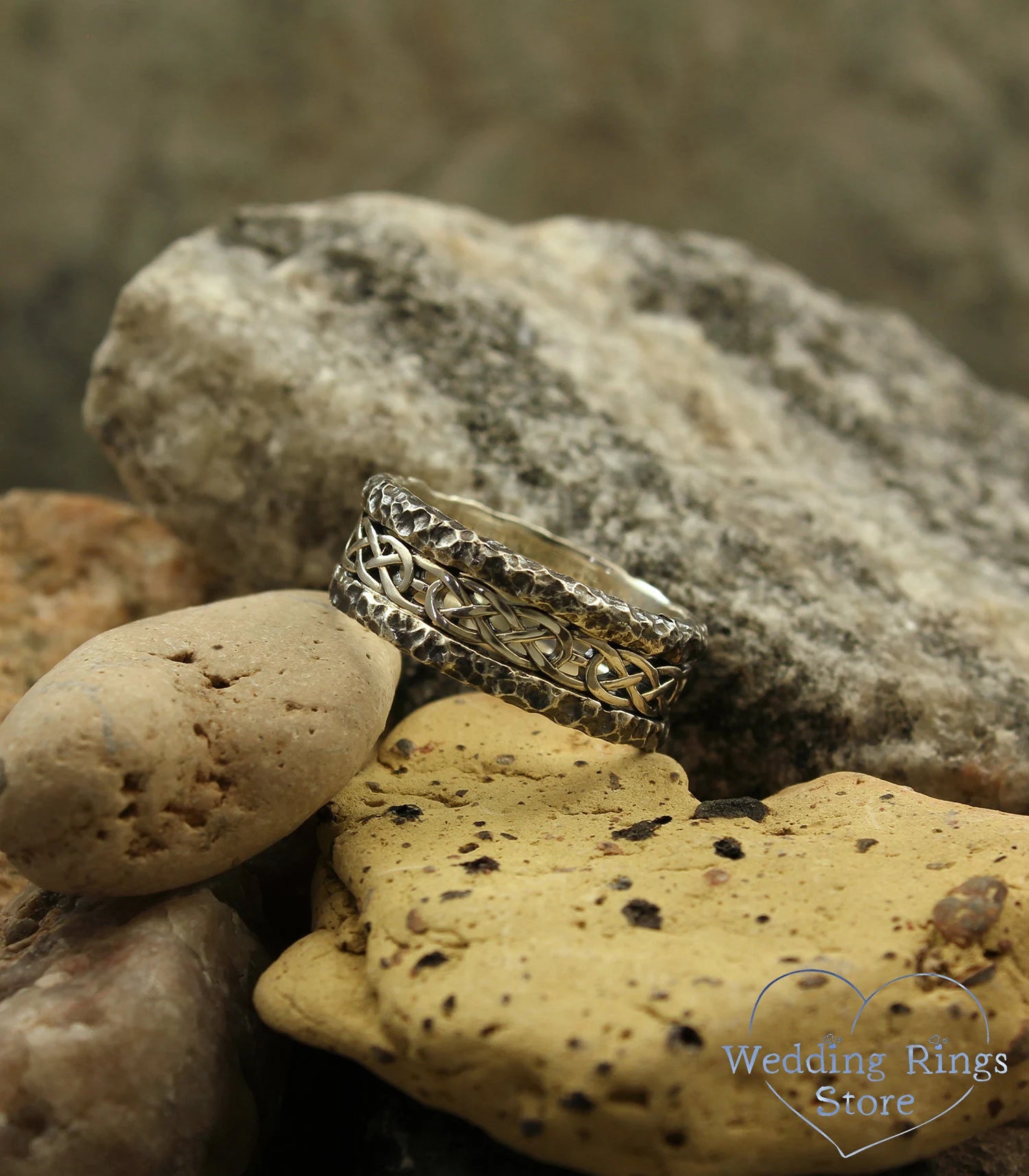Celtic Silver Wedding Band with Hammered Edges