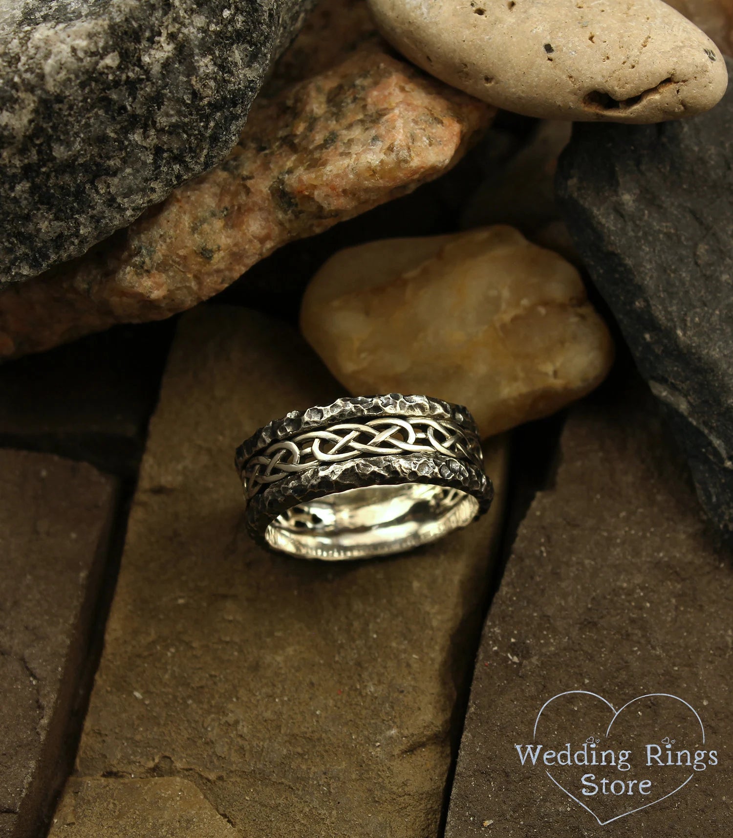 Celtic Silver Wedding Band with Hammered Edges