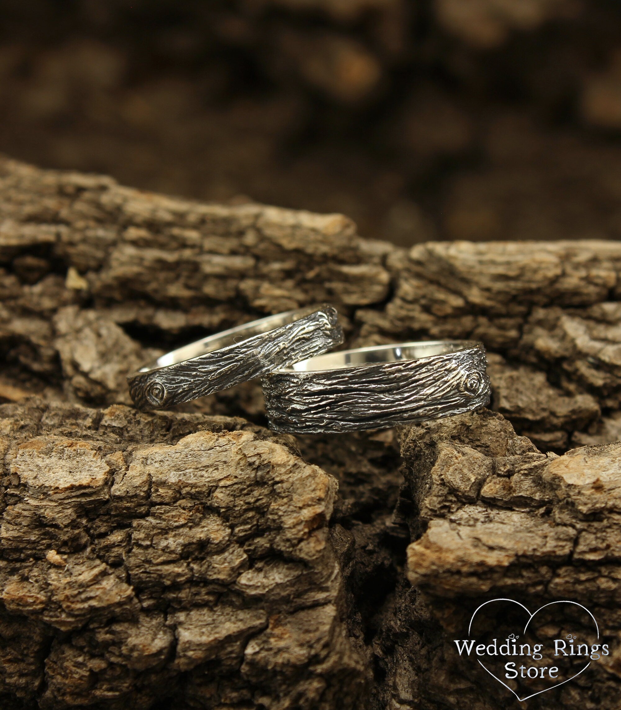 Silver Wood Bark Wedding Bands for Couple Tree Inpired