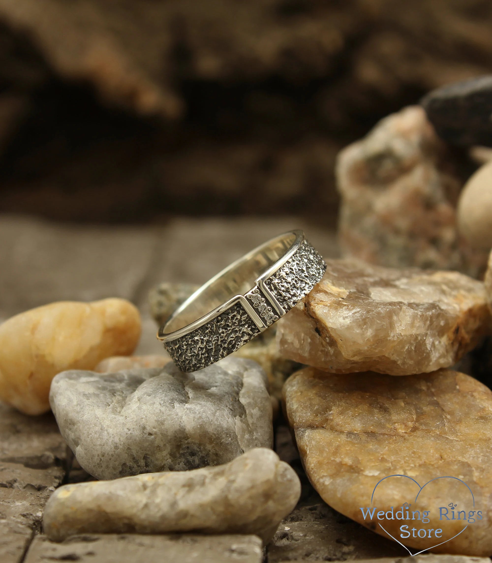 Modern Silver Hammered Diamond Wedding Band