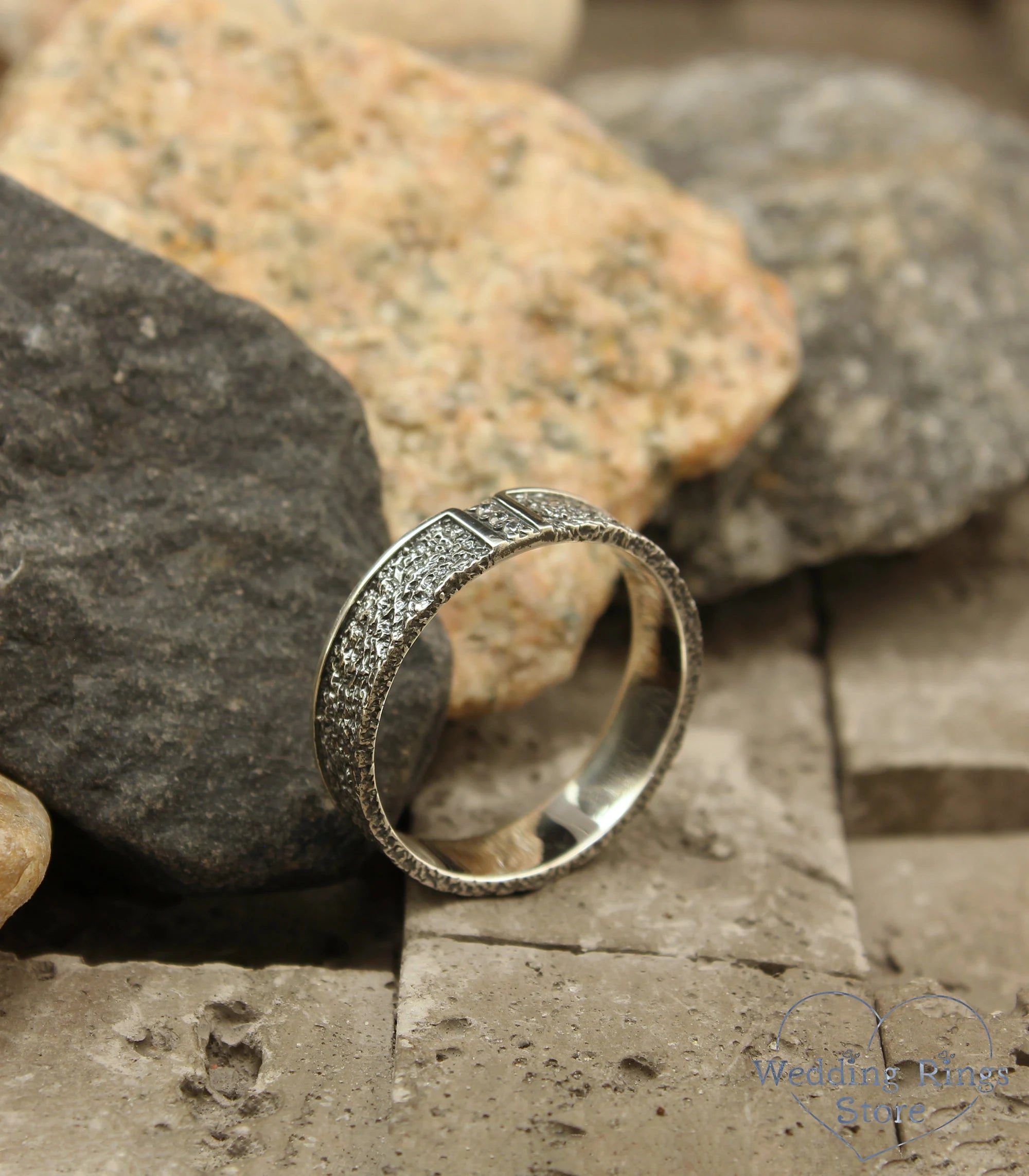 Modern Silver Hammered Diamond Wedding Band