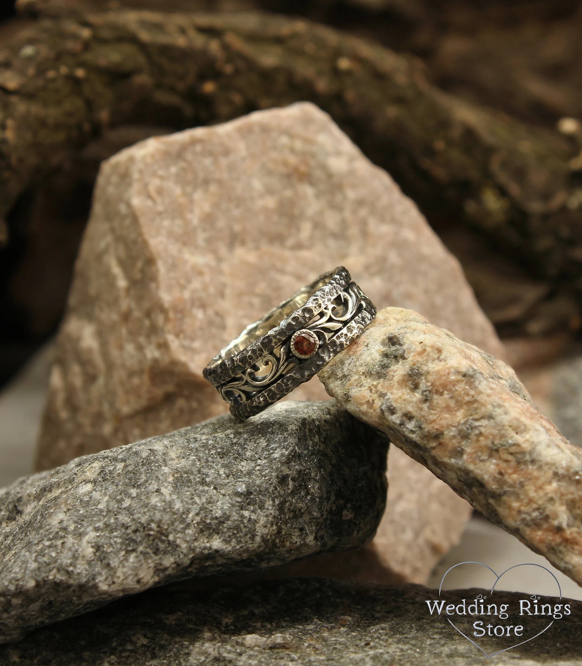 Garnet & Silver Rock and Vine Wedding Ring with Antique finish