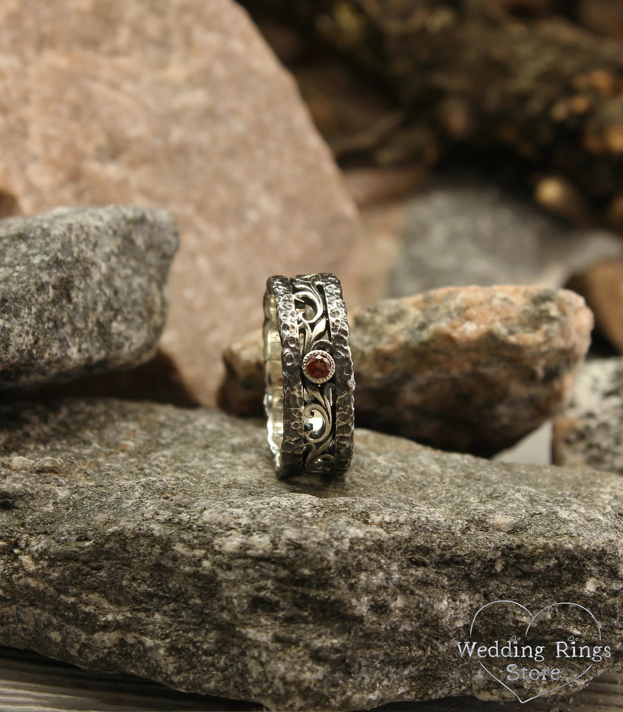Garnet & Silver Rock and Vine Wedding Ring with Antique finish