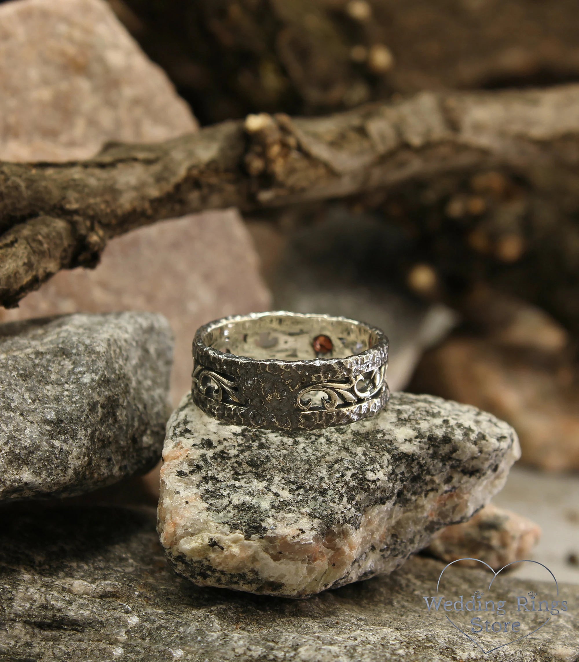 Garnet & Silver Rock and Vine Wedding Ring with Antique finish
