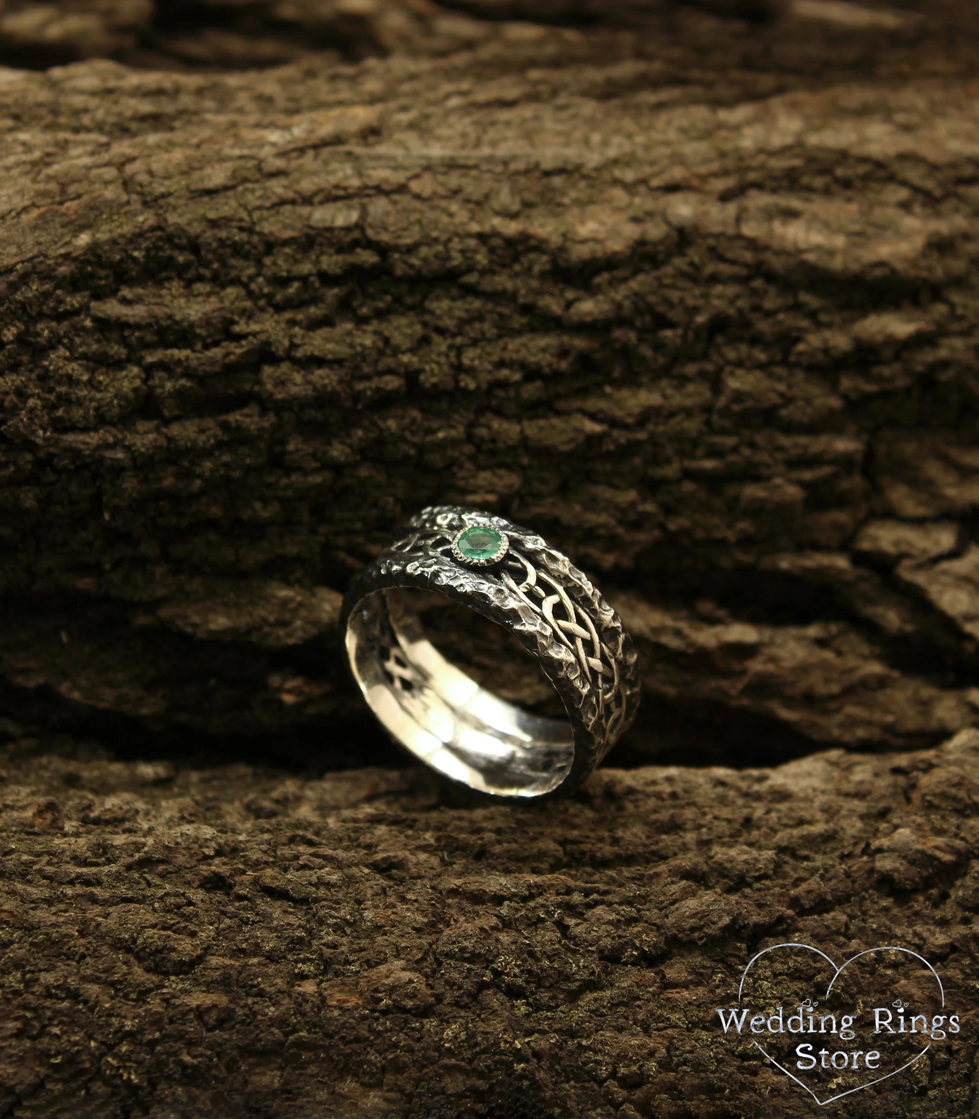Hammered Antique Style Silver Celtic Wedding Band with Emerald