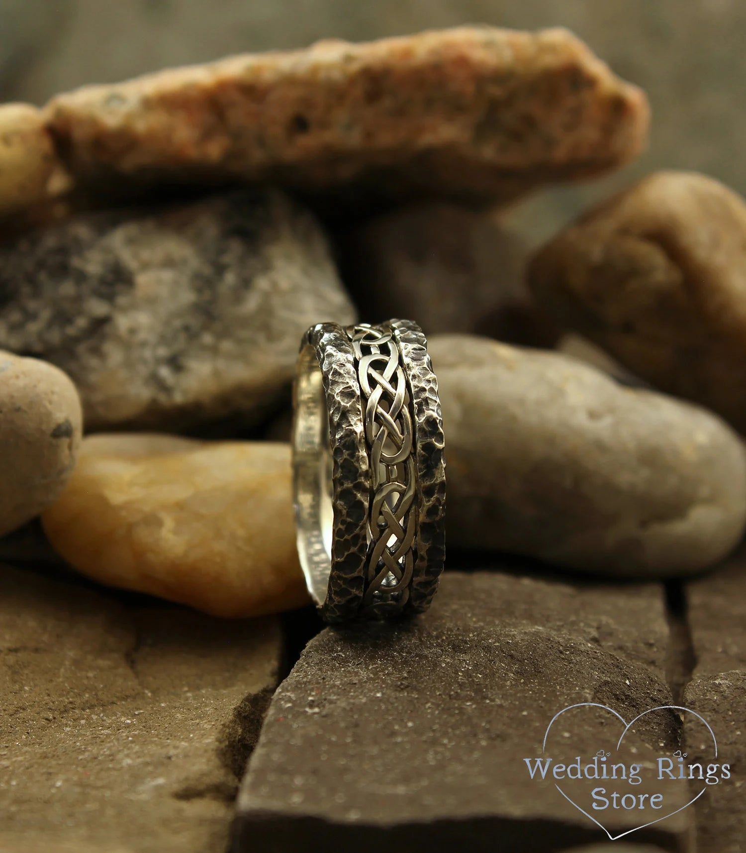 Celtic Silver Wedding Band with Hammered Edges