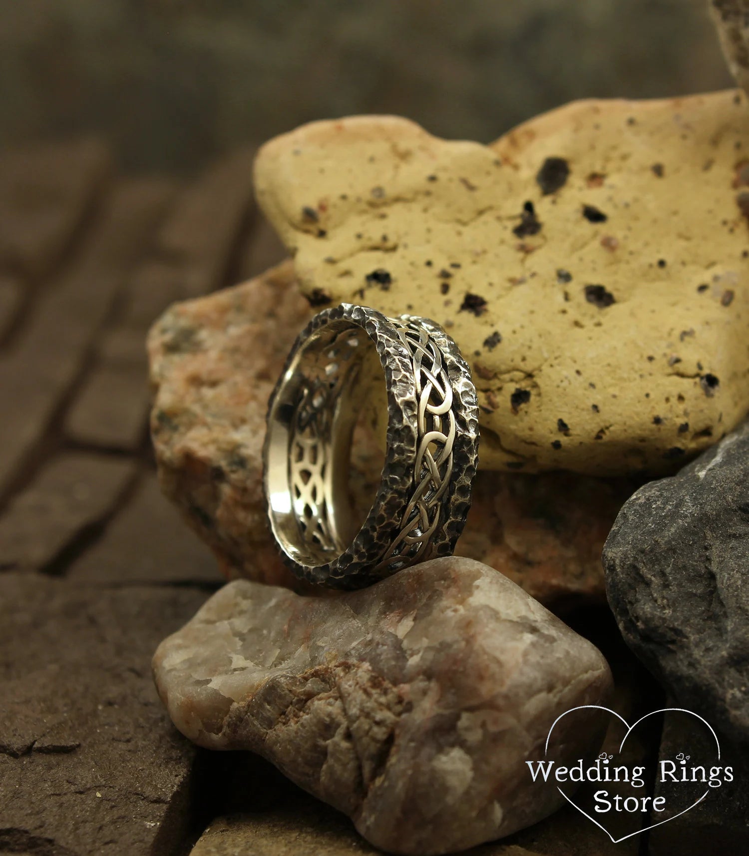 Celtic Silver Wedding Band with Hammered Edges