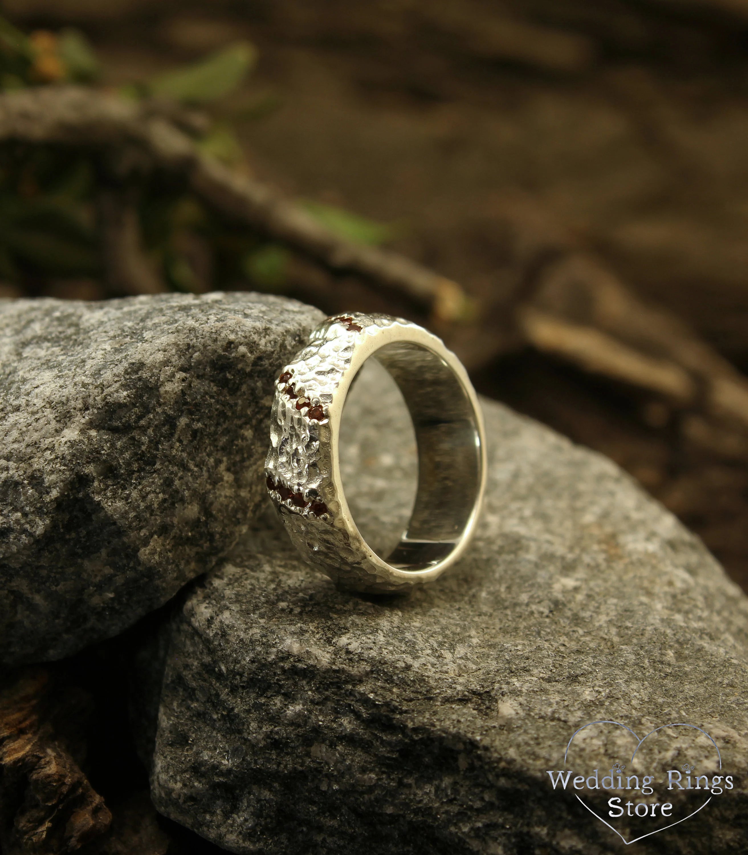 Heavy Silver Wide rocky Hammered Band with Garnet