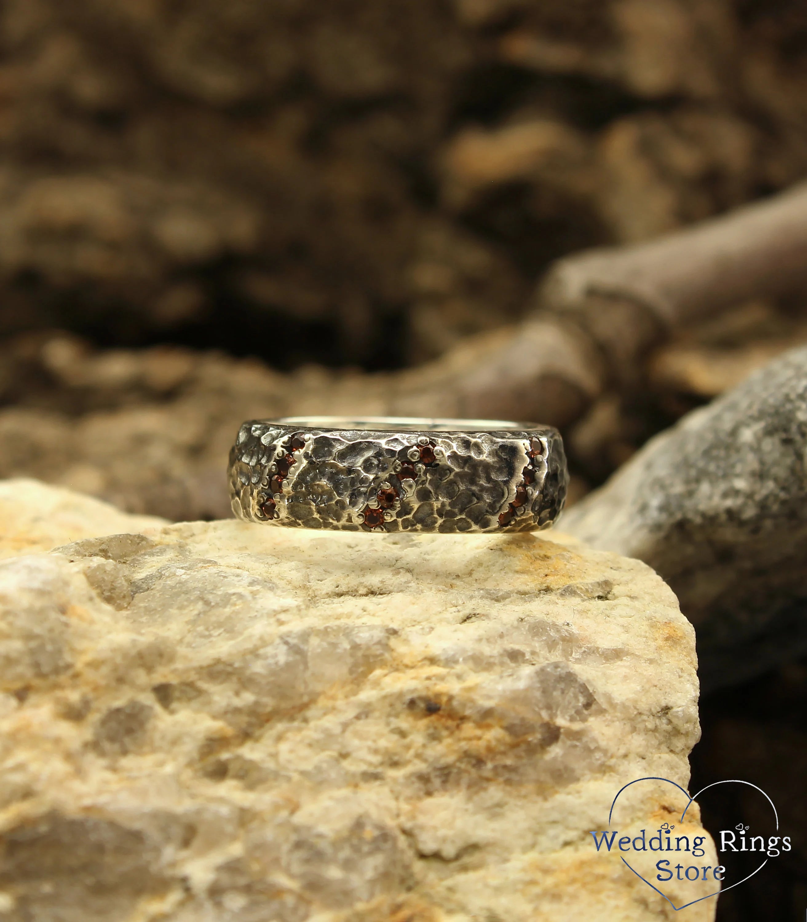 Heavy Silver Wide rocky Hammered Band with Garnet