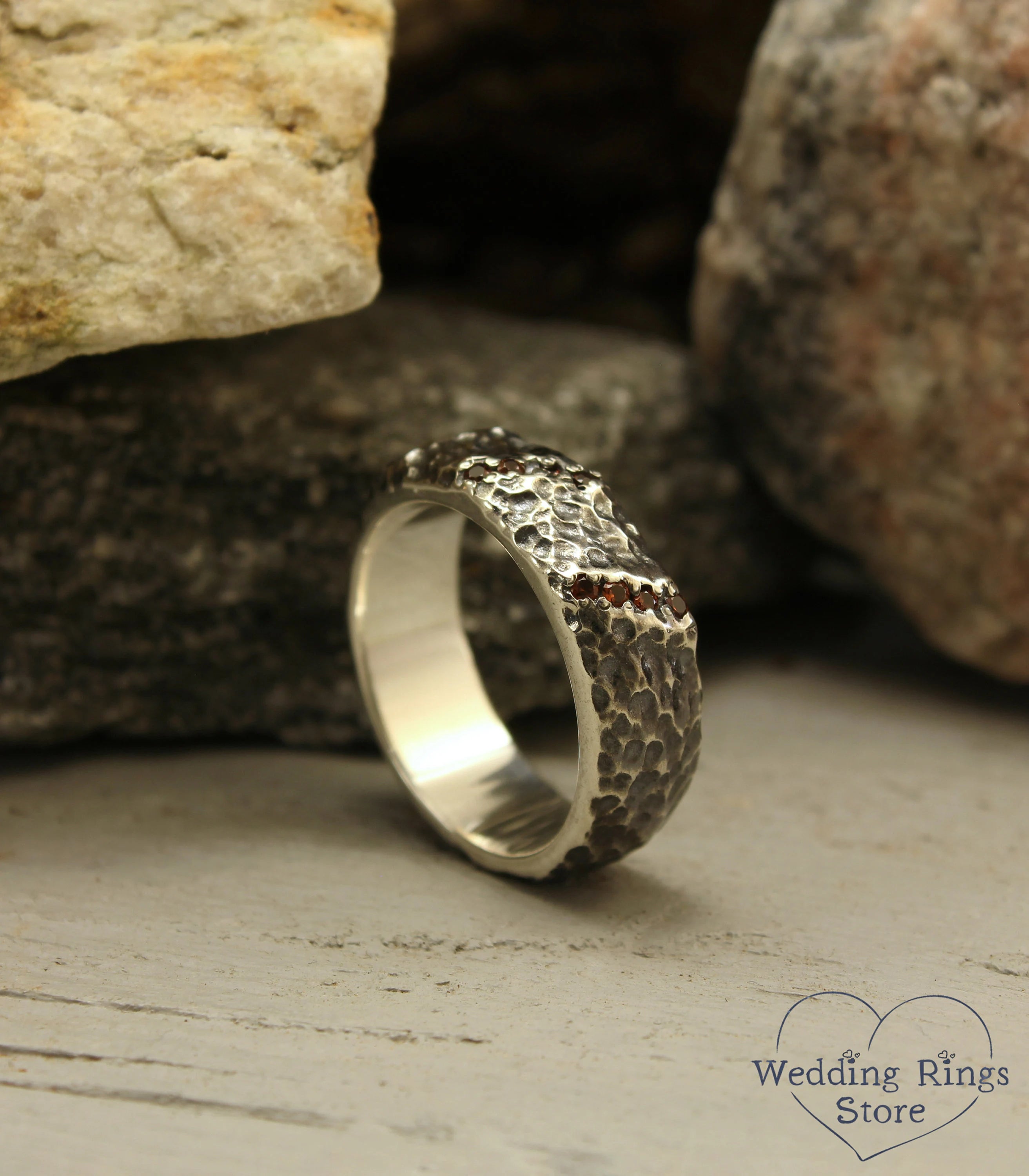 Heavy Silver Wide rocky Hammered Band with Garnet