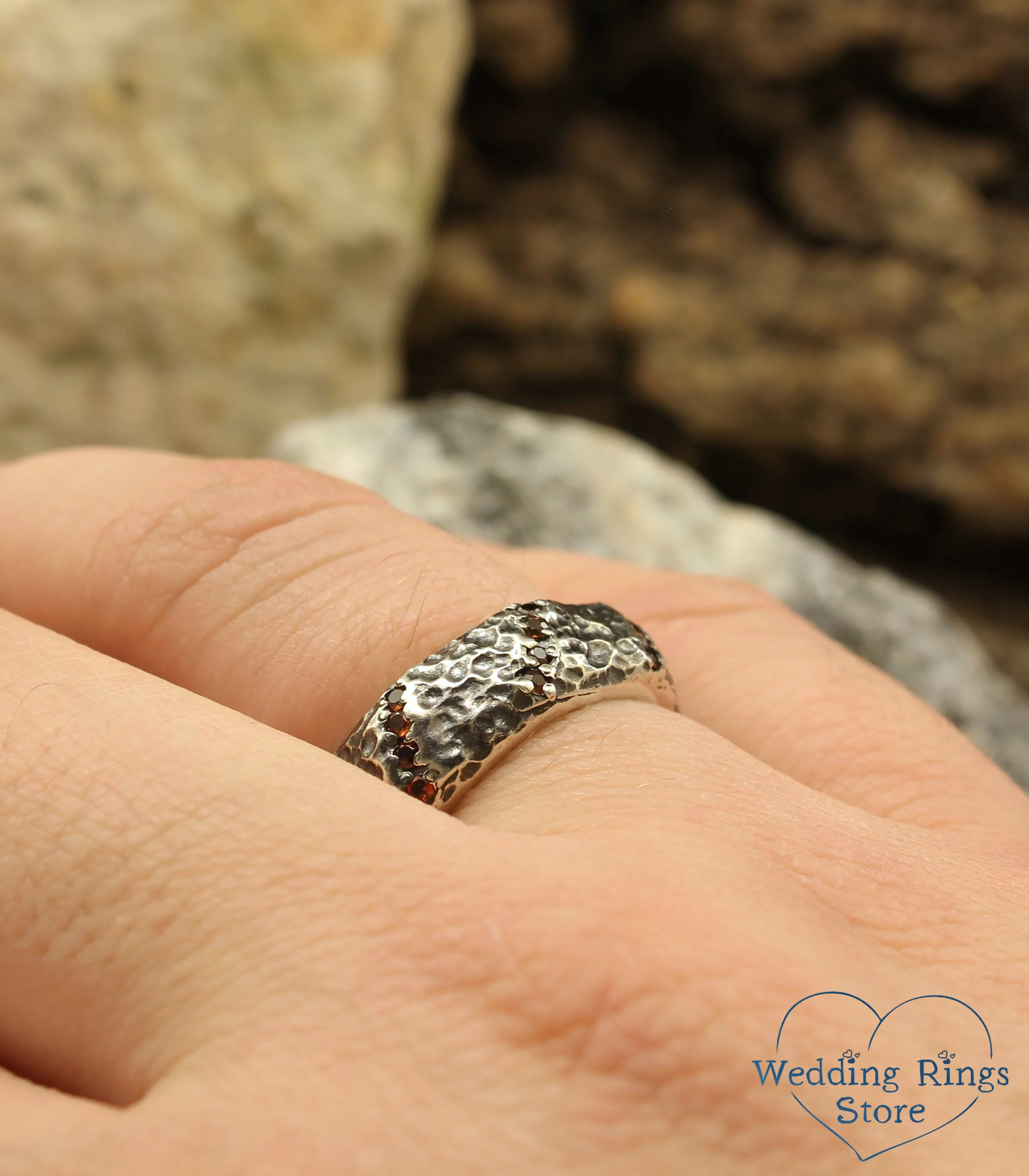 Heavy Silver Wide rocky Hammered Band with Garnet
