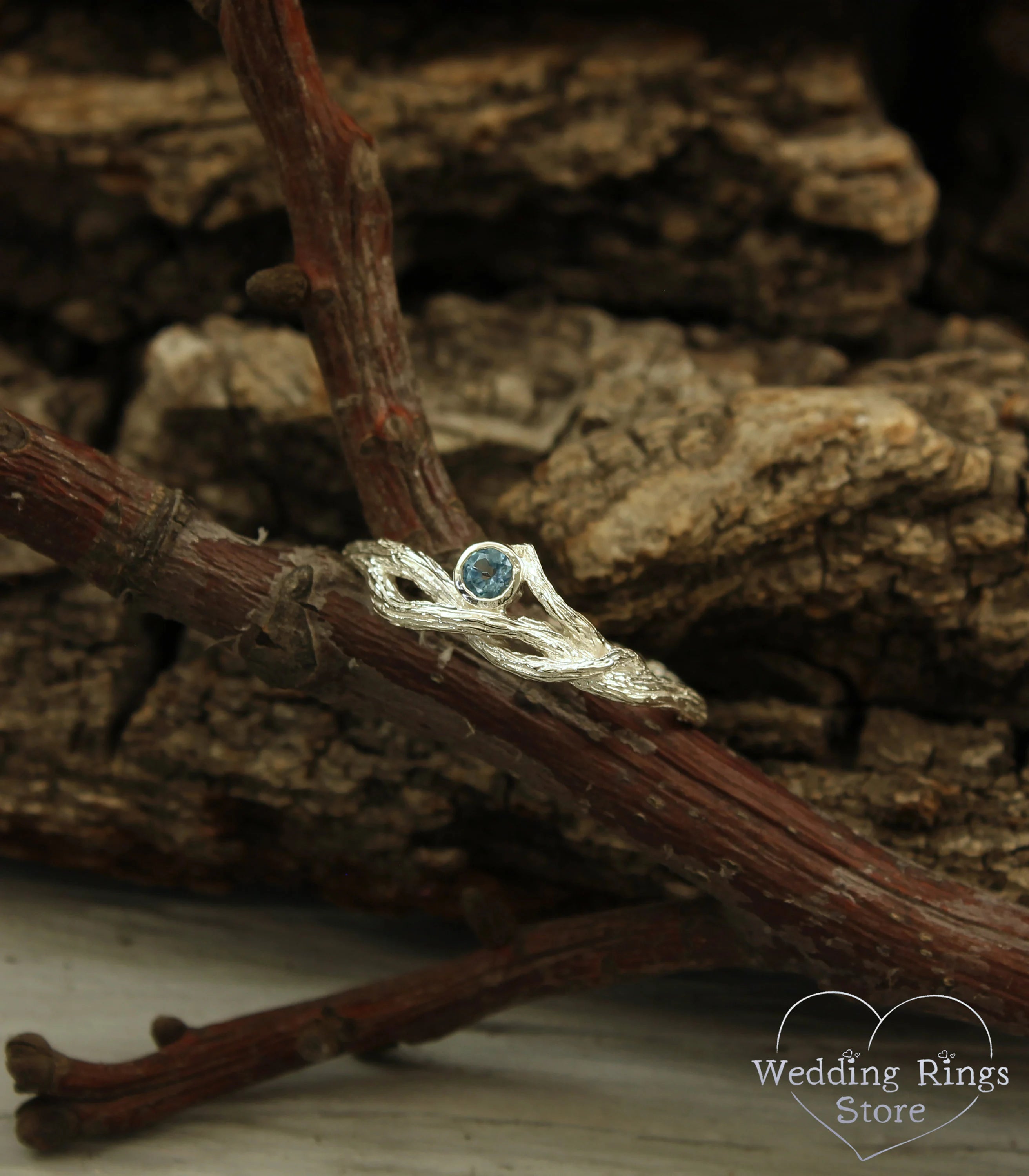Delicate Silver Twisted Branch Topaz Engagement Ring