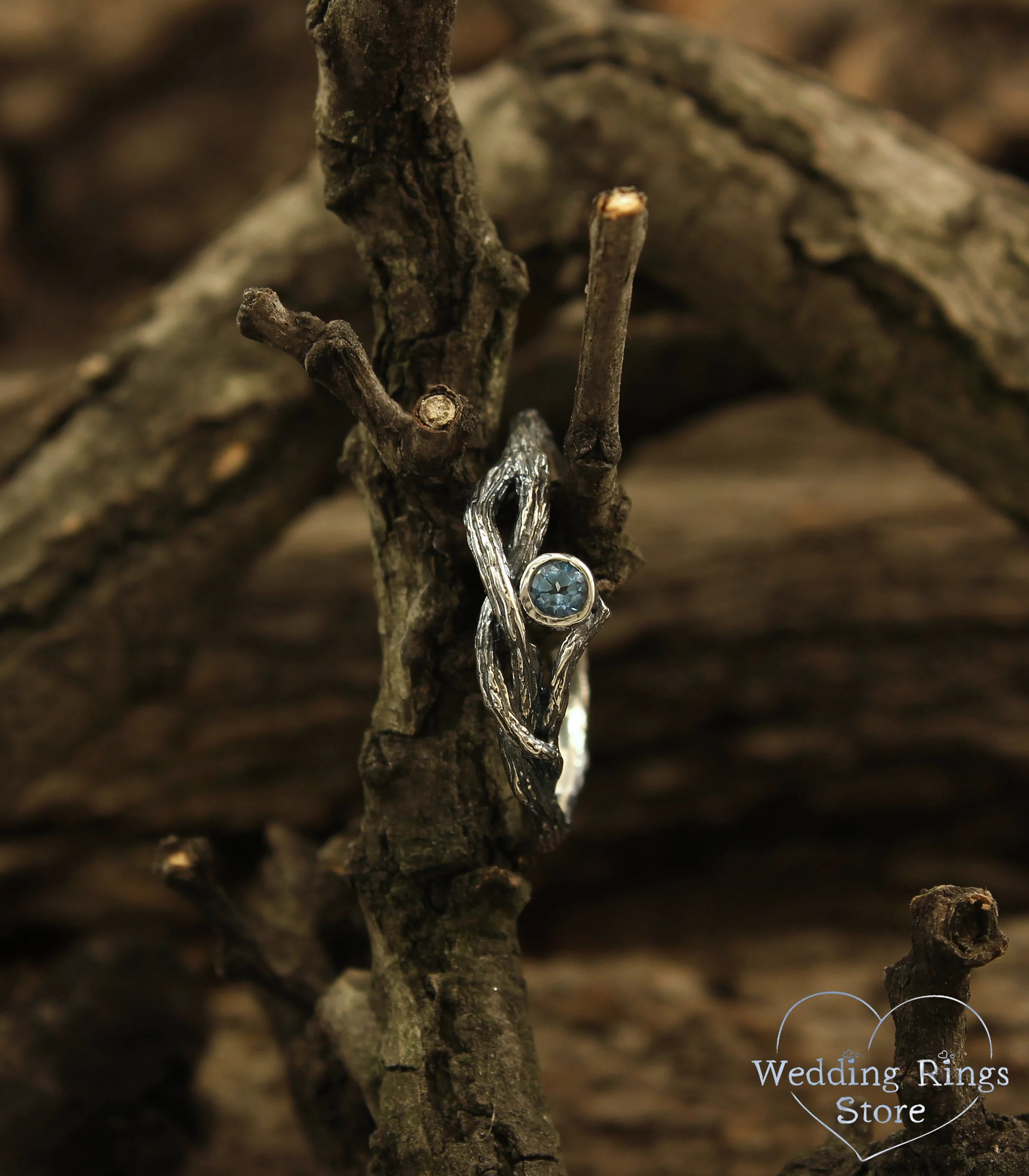 Delicate Silver Twisted Branch Topaz Engagement Ring