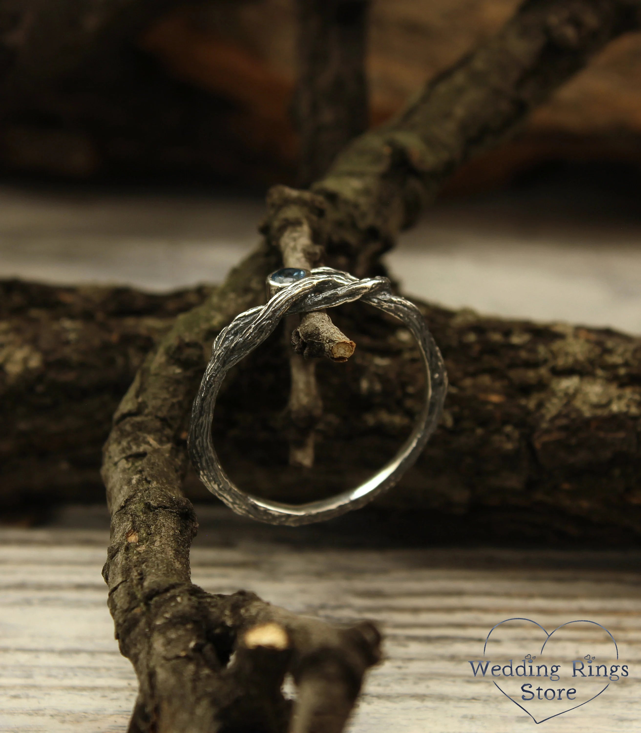 Delicate Silver Twisted Branch Topaz Engagement Ring