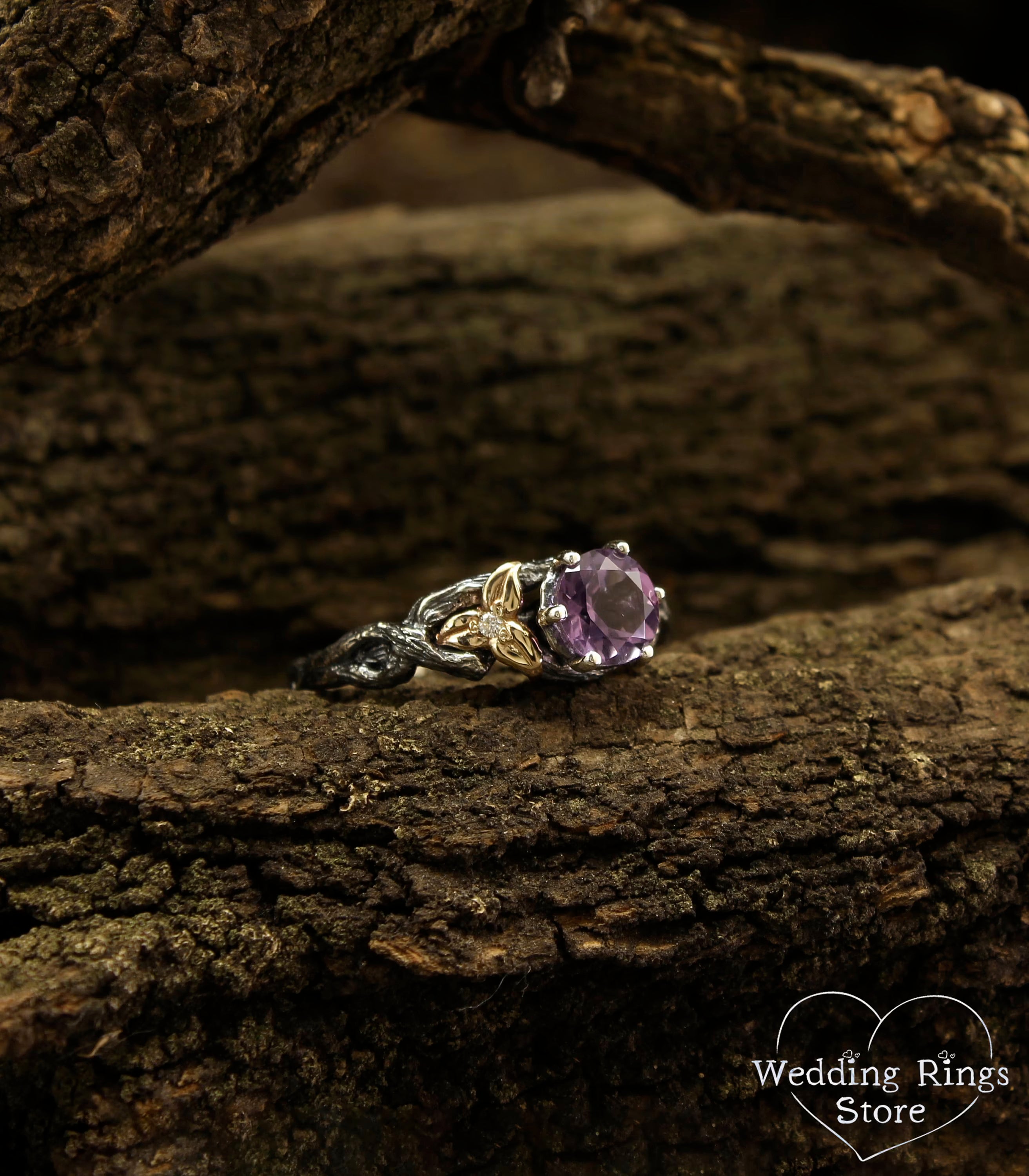Gorgeous Twig and Leaves Engagement Ring with Amethyst in Mixed Metals
