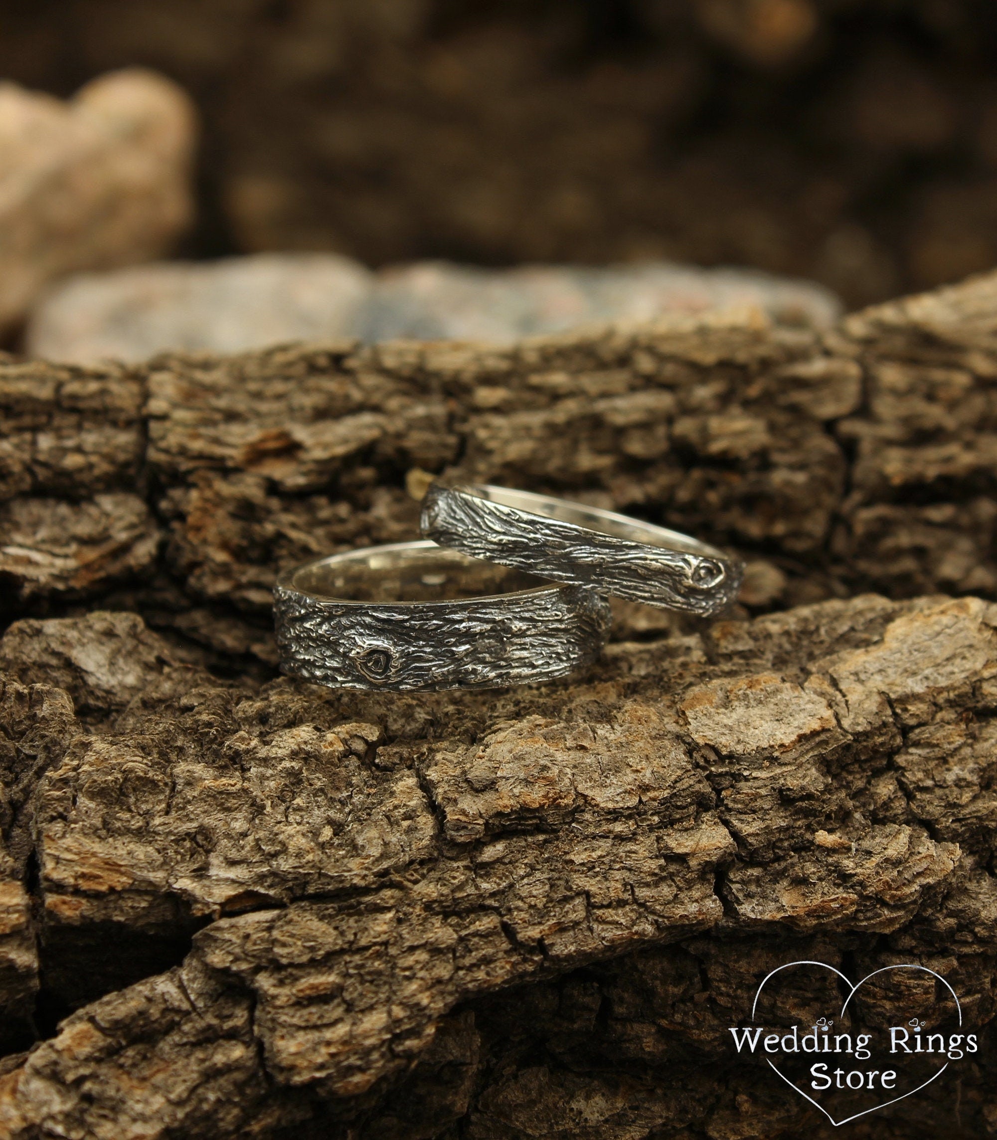 Silver Wood Bark Wedding Bands for Couple Tree Inpired