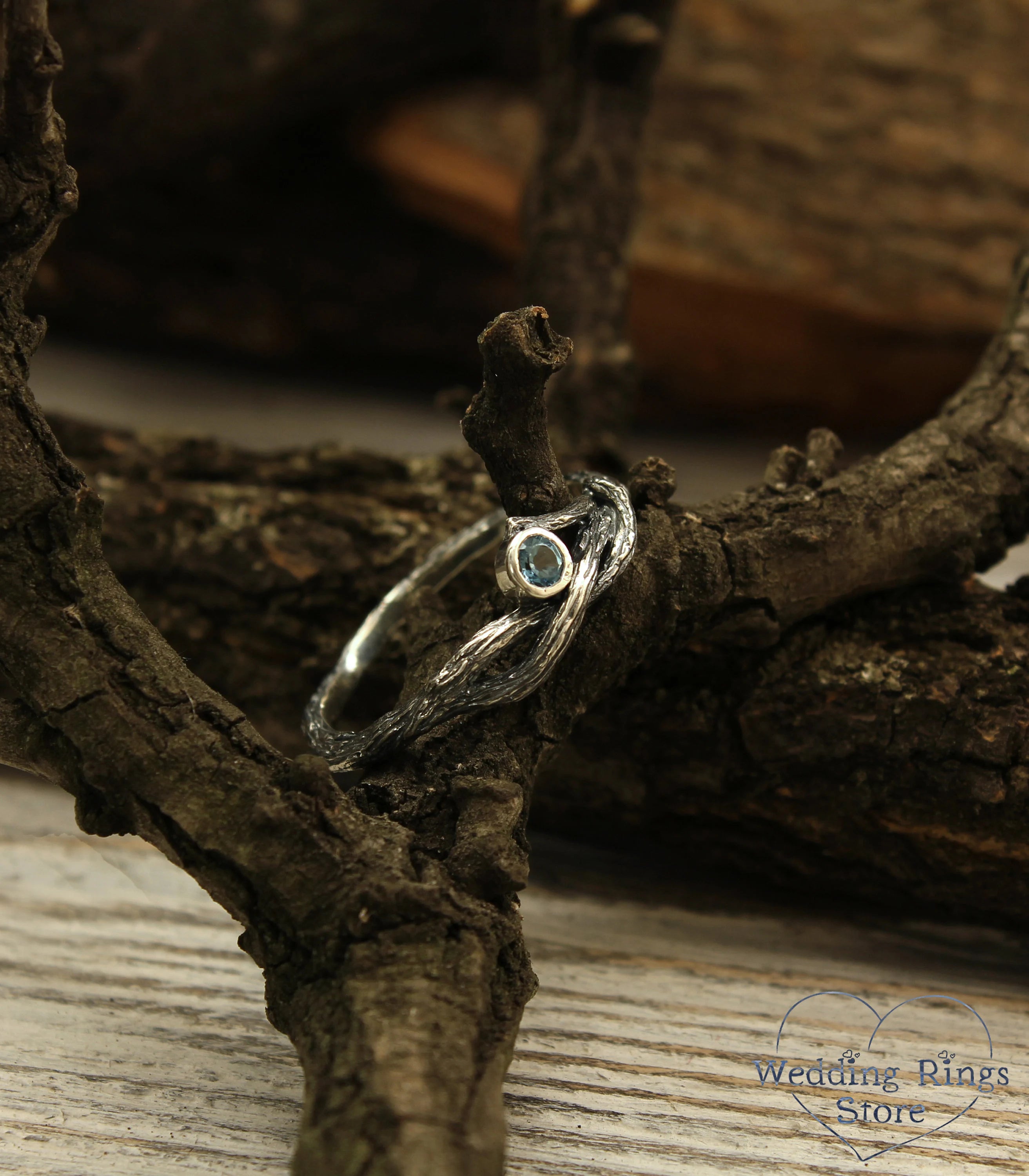 Delicate Silver Twisted Branch Topaz Engagement Ring