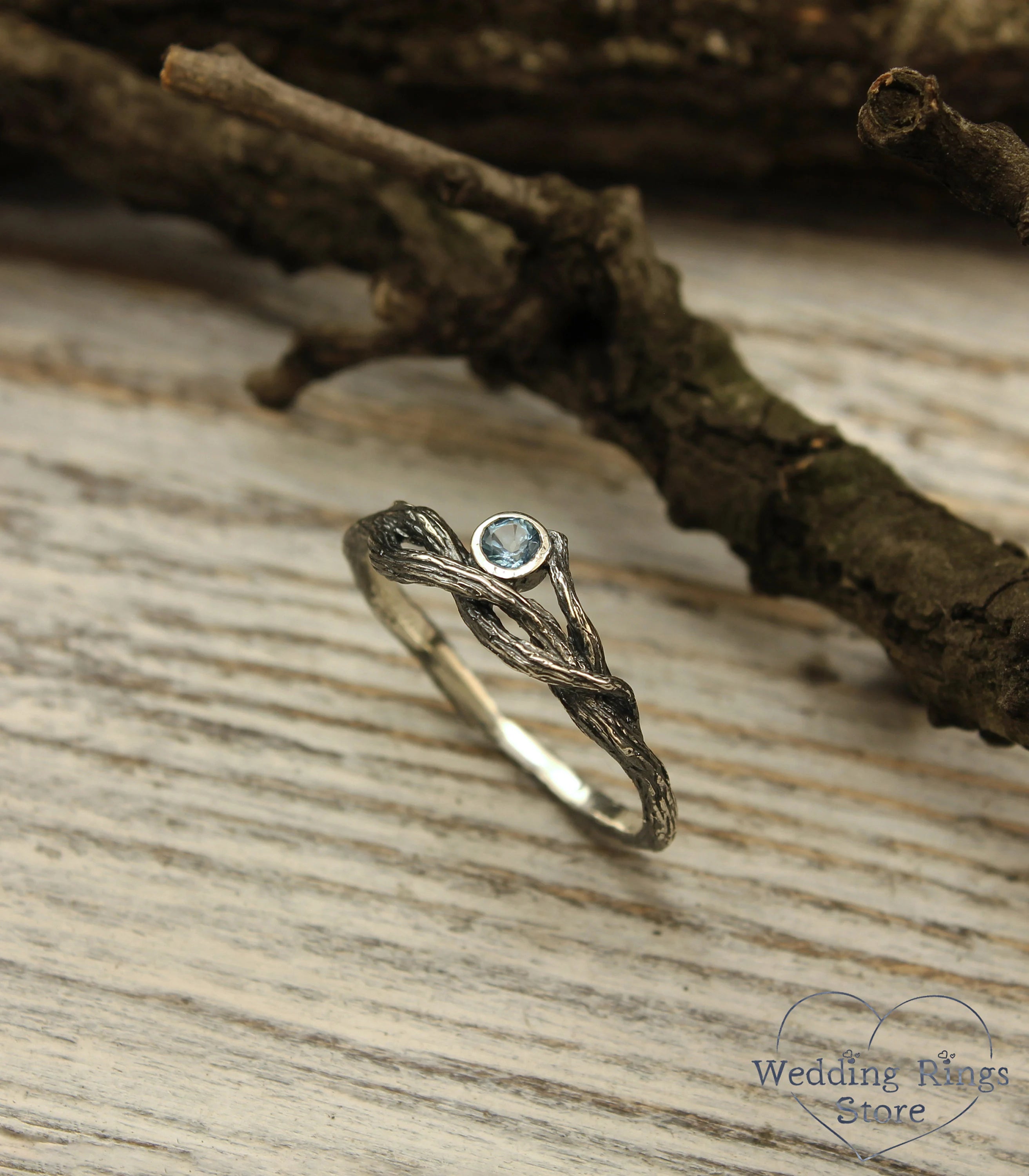 Delicate Silver Twisted Branch Topaz Engagement Ring