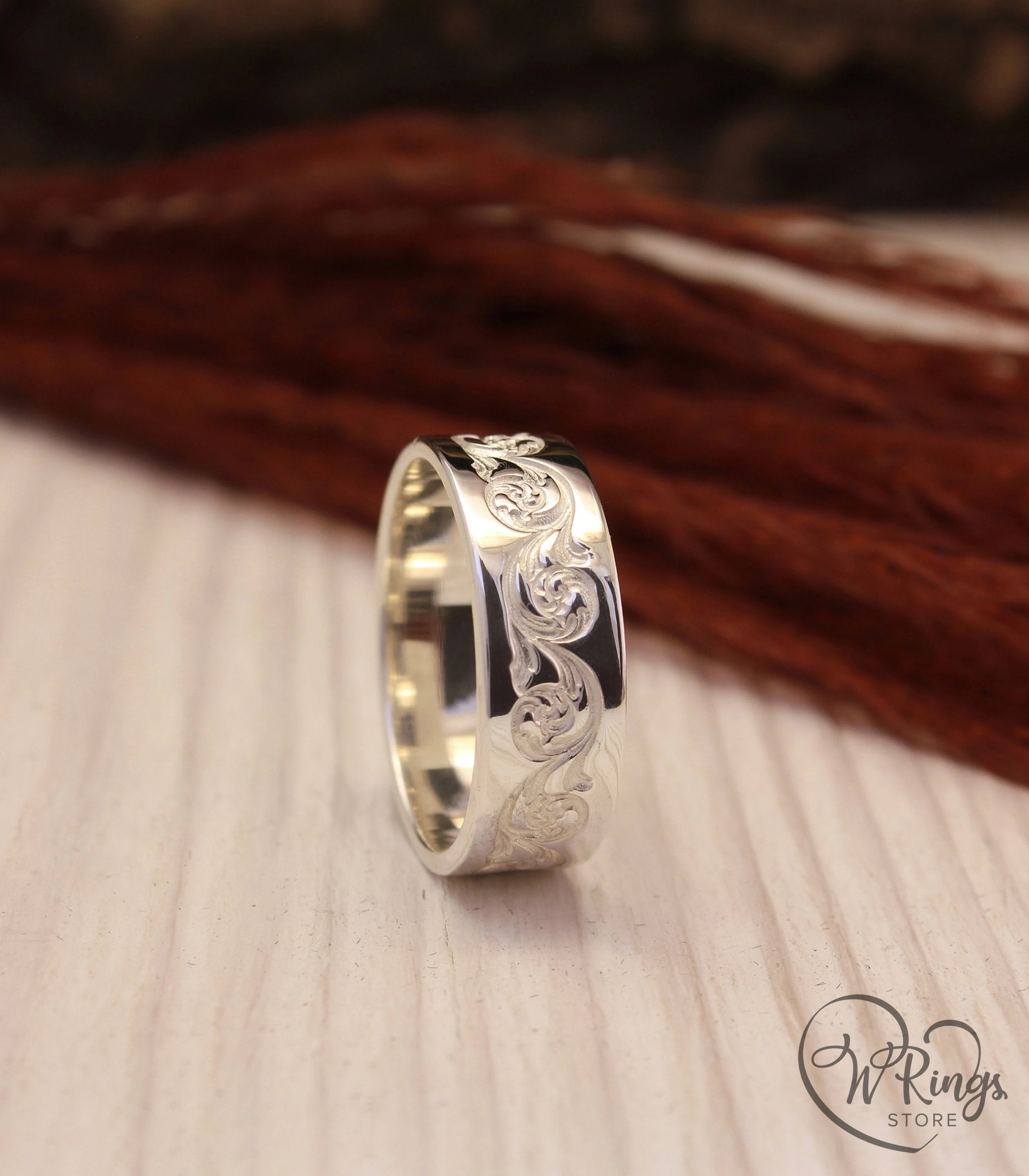 Vintage style Silver Wedding Band with Engraved Vines
