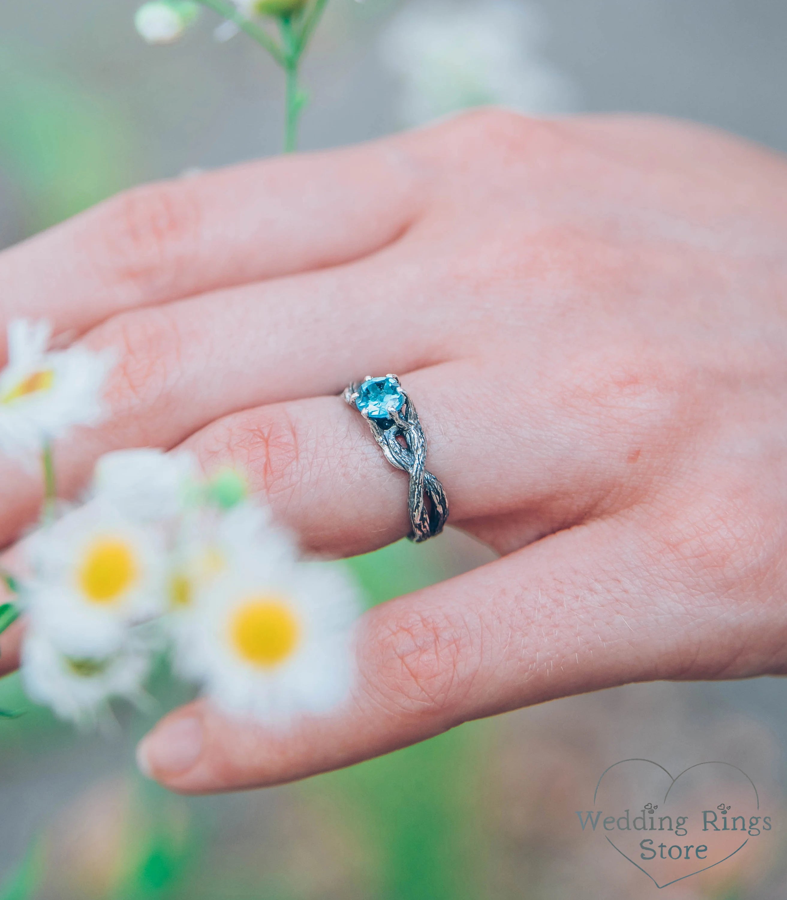 London blue Topaz Double twisted Branch Silver Ring