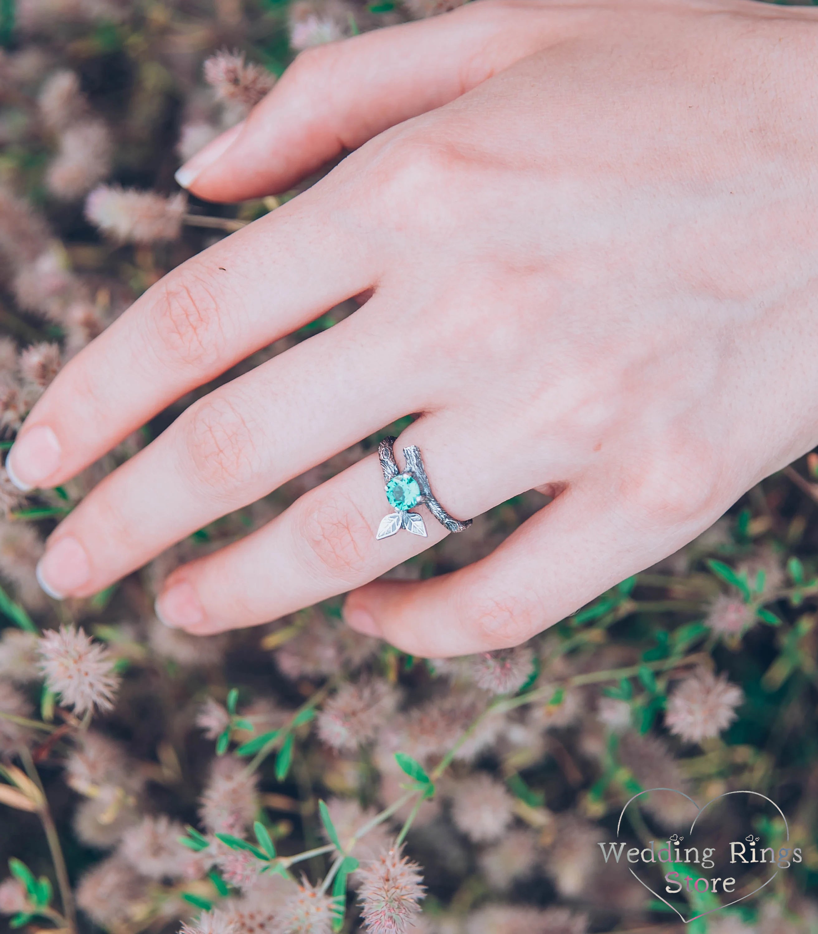 Emerald with Two Silver Twigs & Leaf Ring
