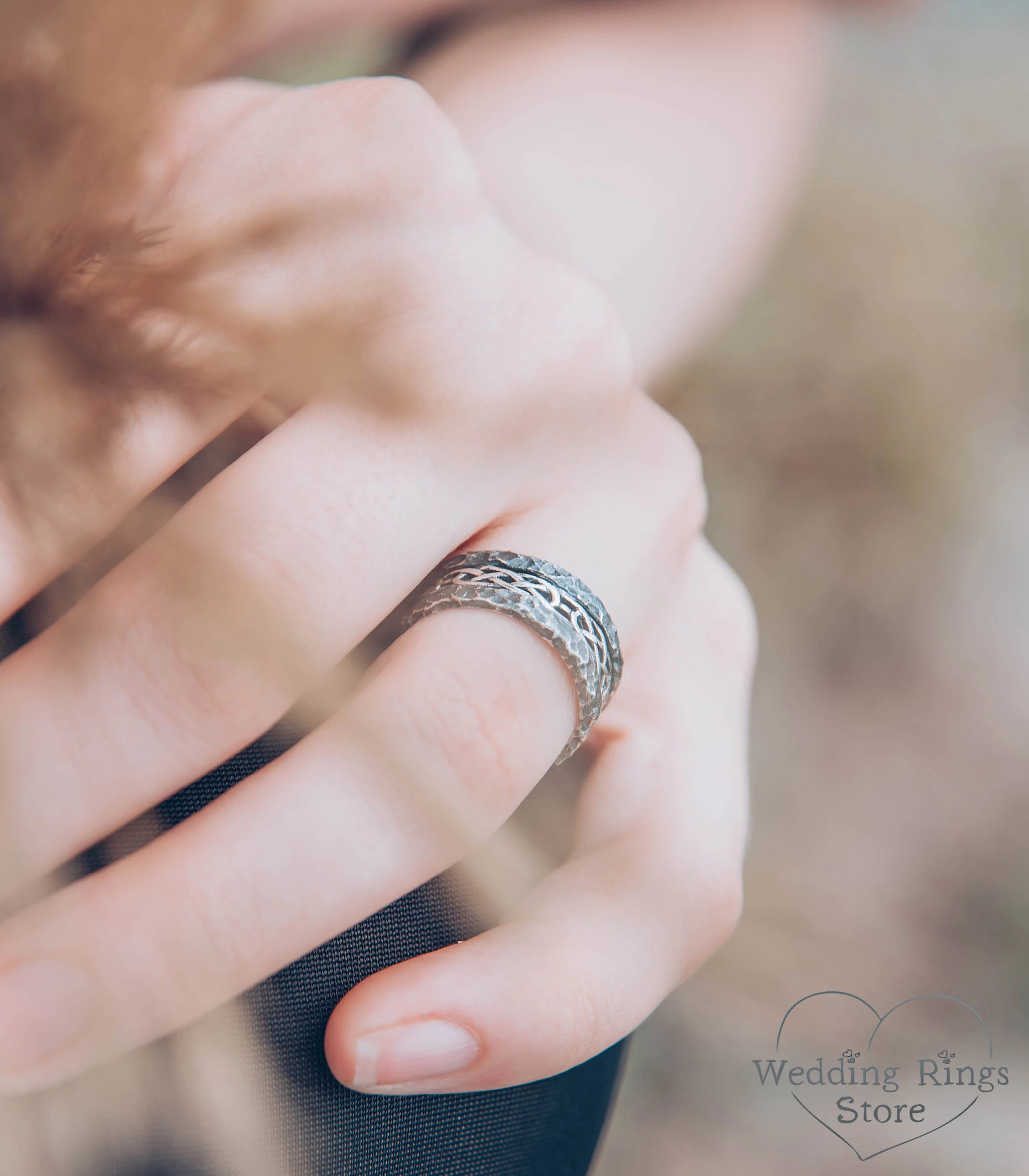 Celtic Silver Wedding Band with Hammered Edges