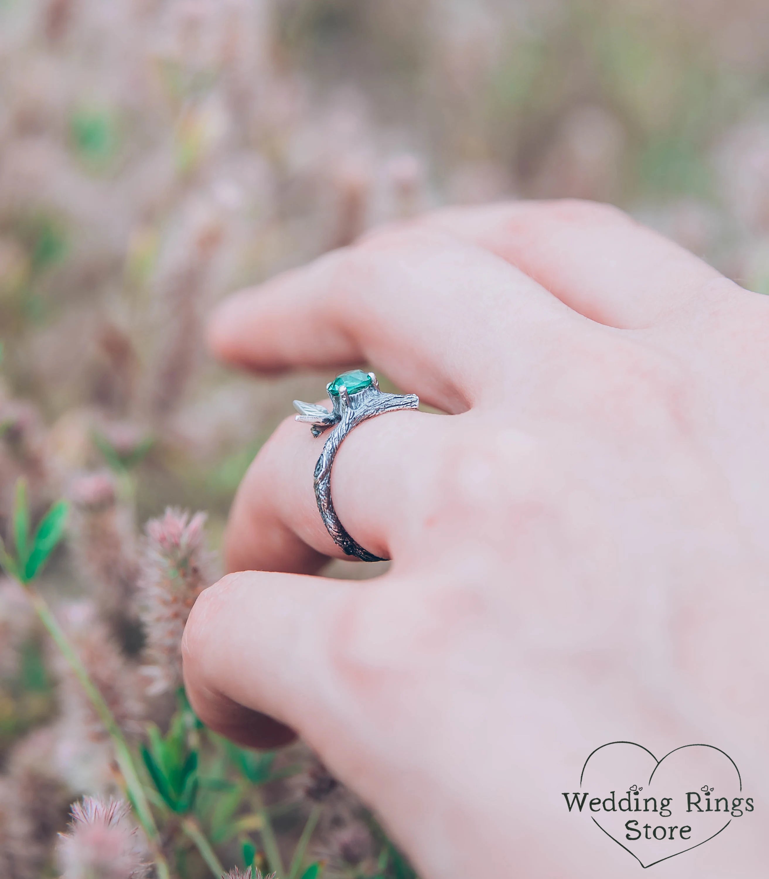 Emerald with Two Silver Twigs & Leaf Ring