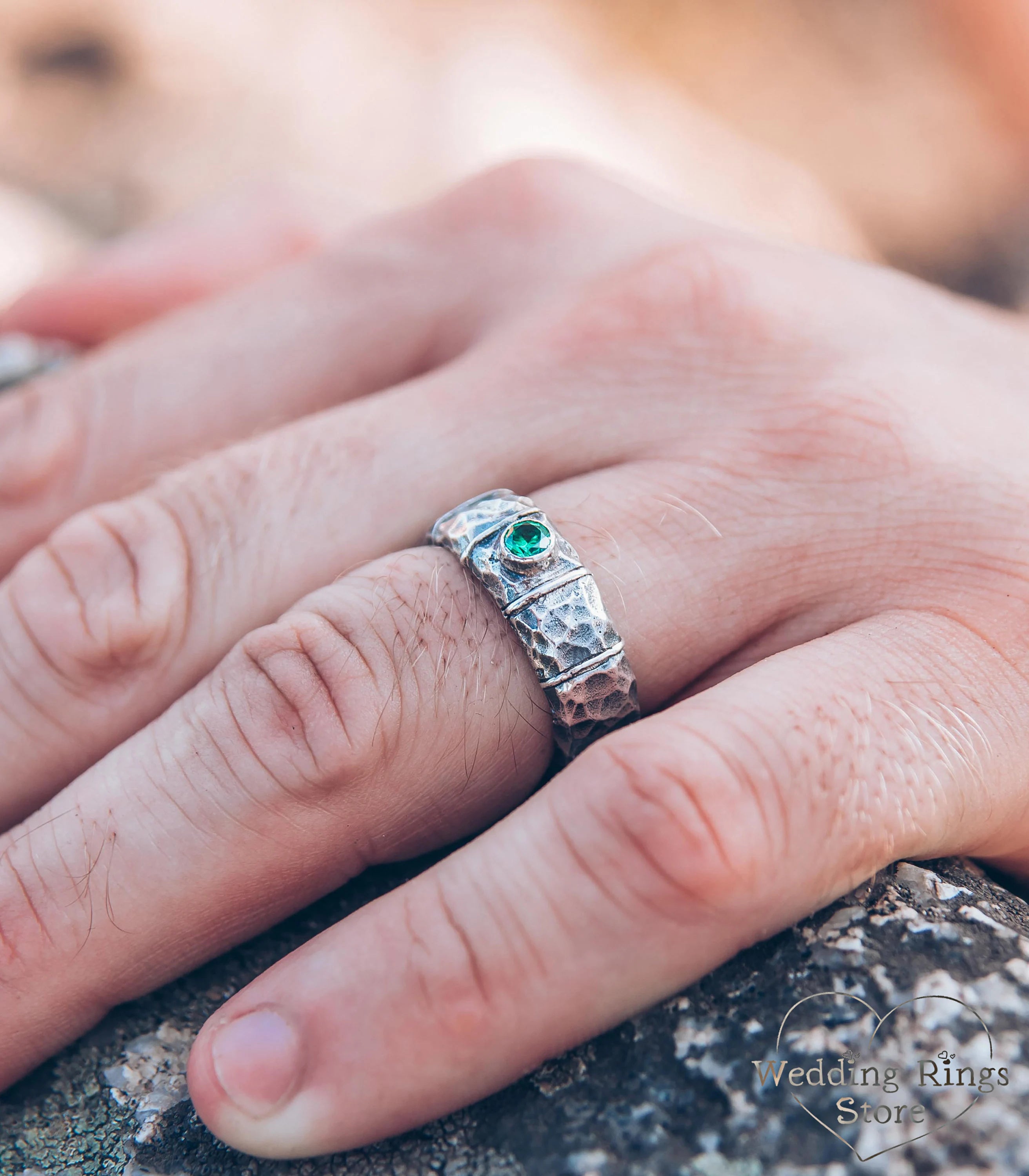 Unique Men's rocky Hammered Silver Wedding Band with Emerald