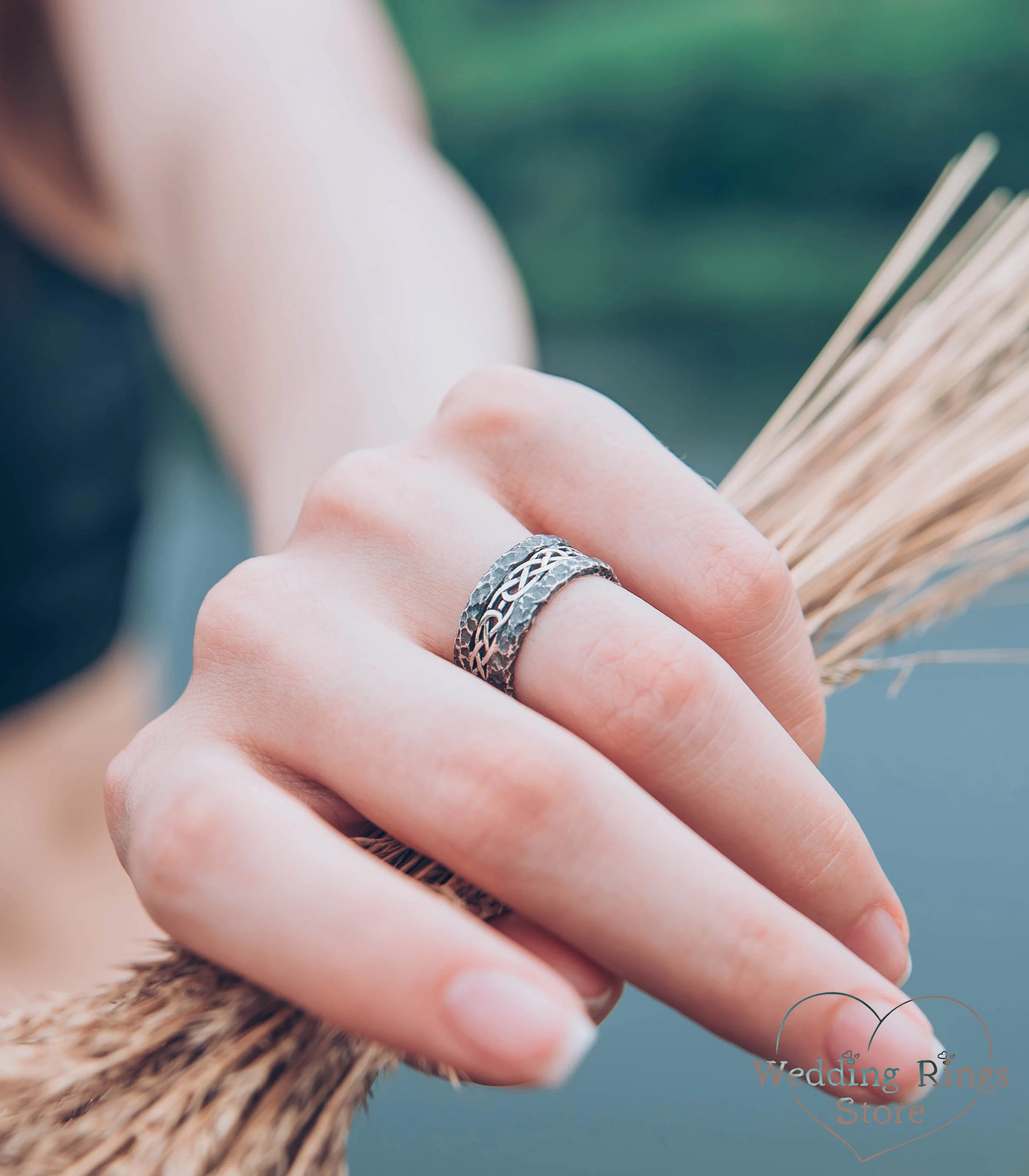 Celtic Silver Wedding Band with Hammered Edges