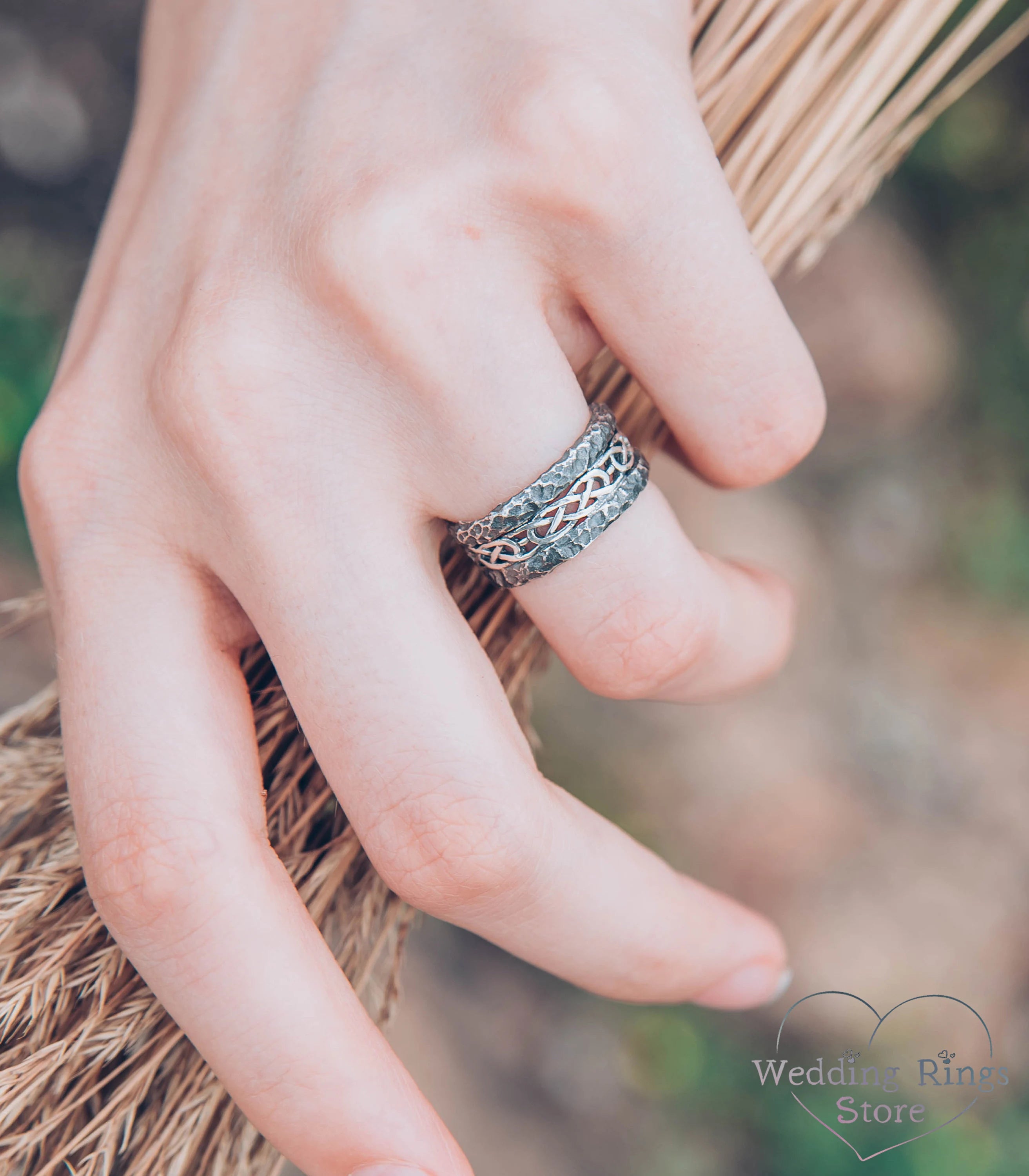 Celtic Silver Wedding Band with Hammered Edges