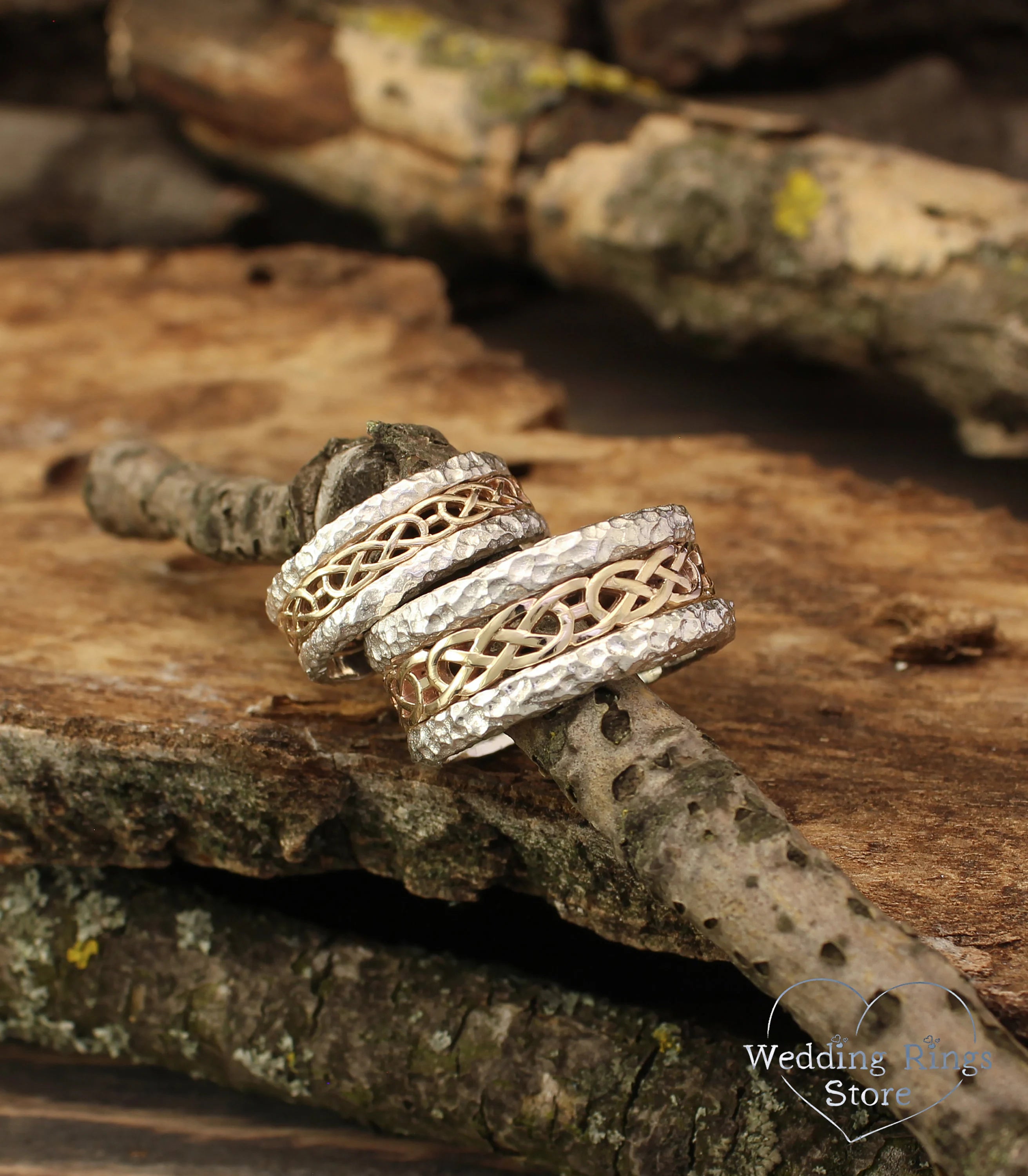 Silver & Gold Hammered Matching Celtic Rings Set