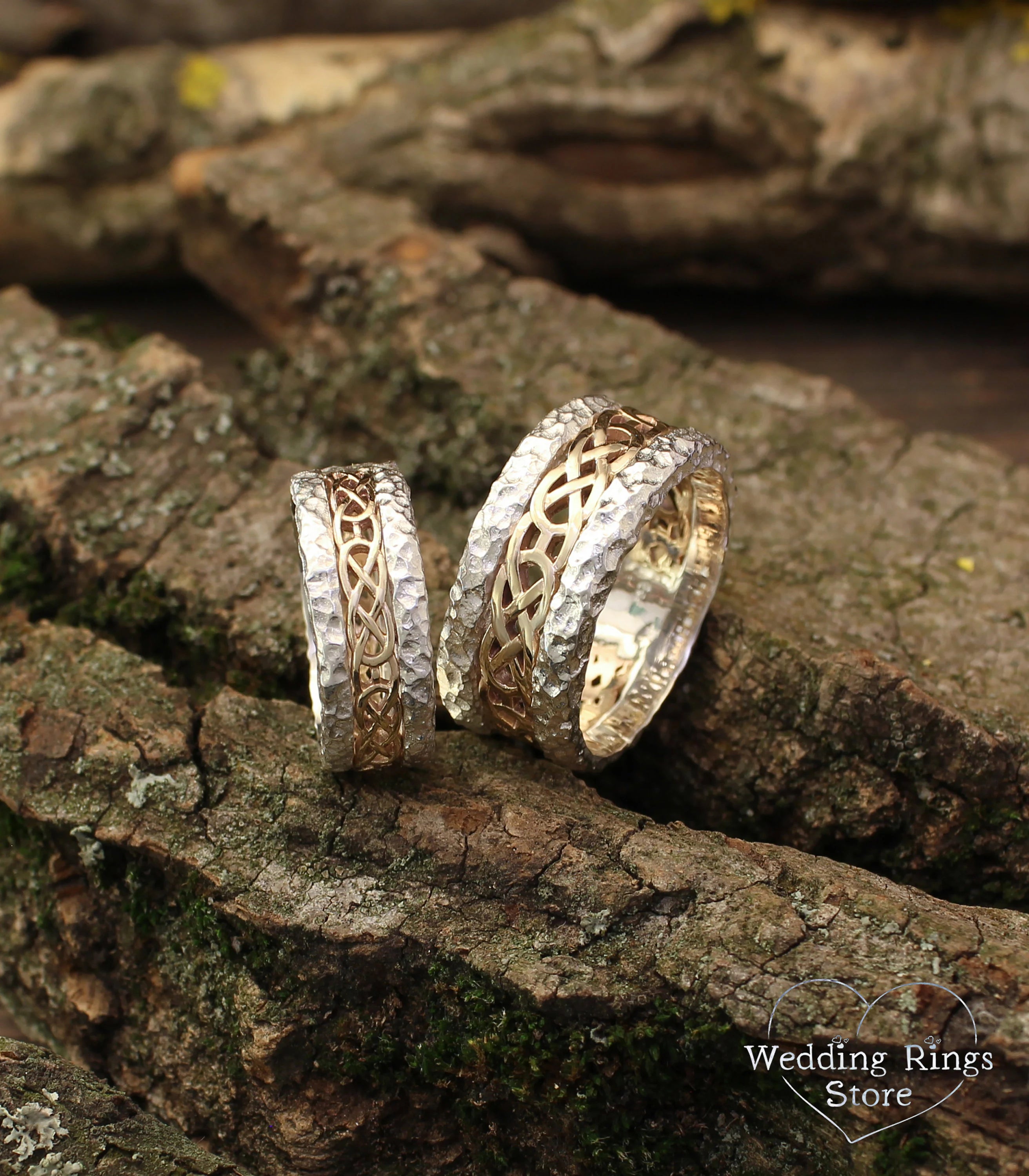 Silver & Gold Hammered Matching Celtic Rings Set