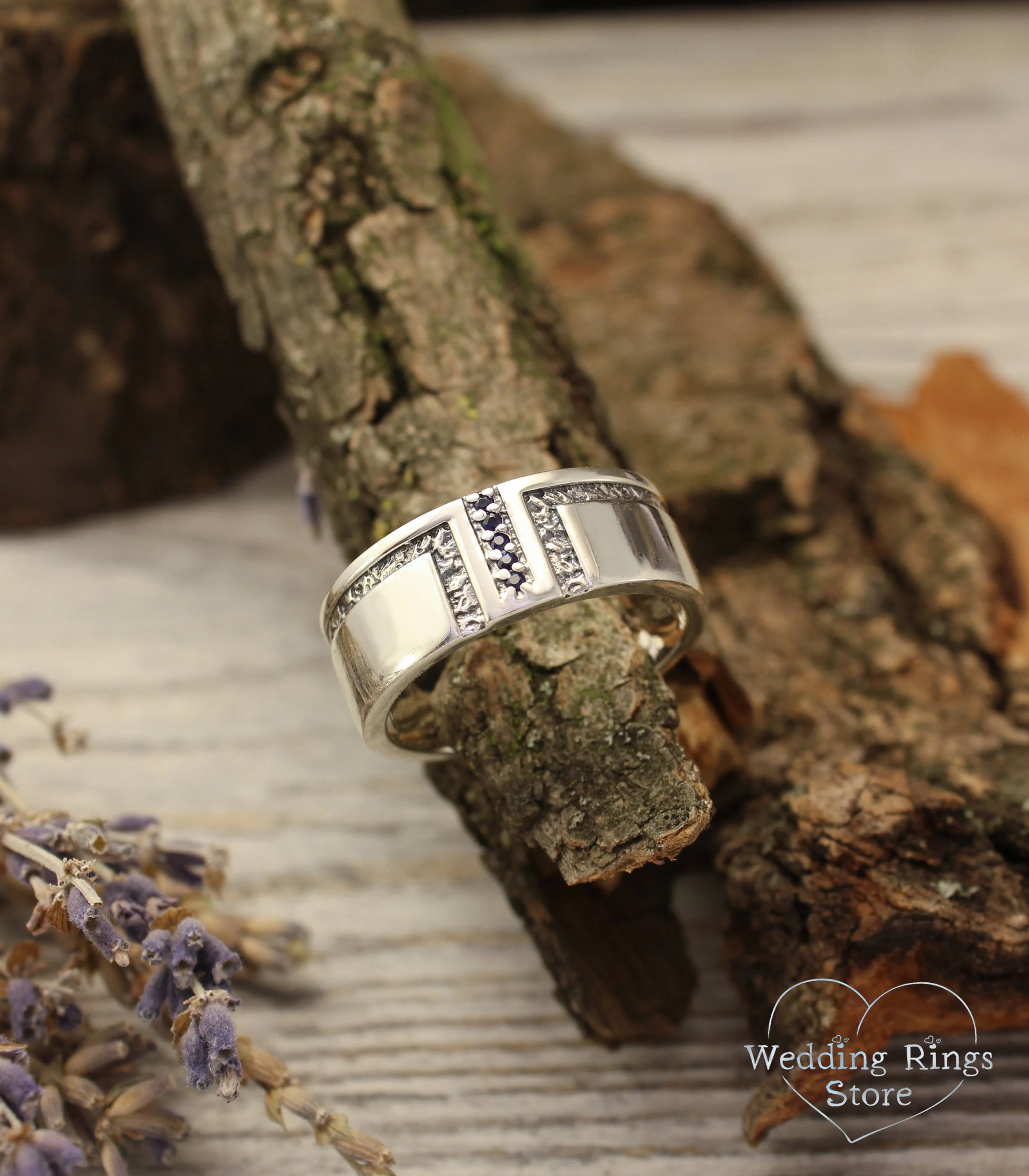Men's Sapphire Wedding Band Heavy Sterling Silver