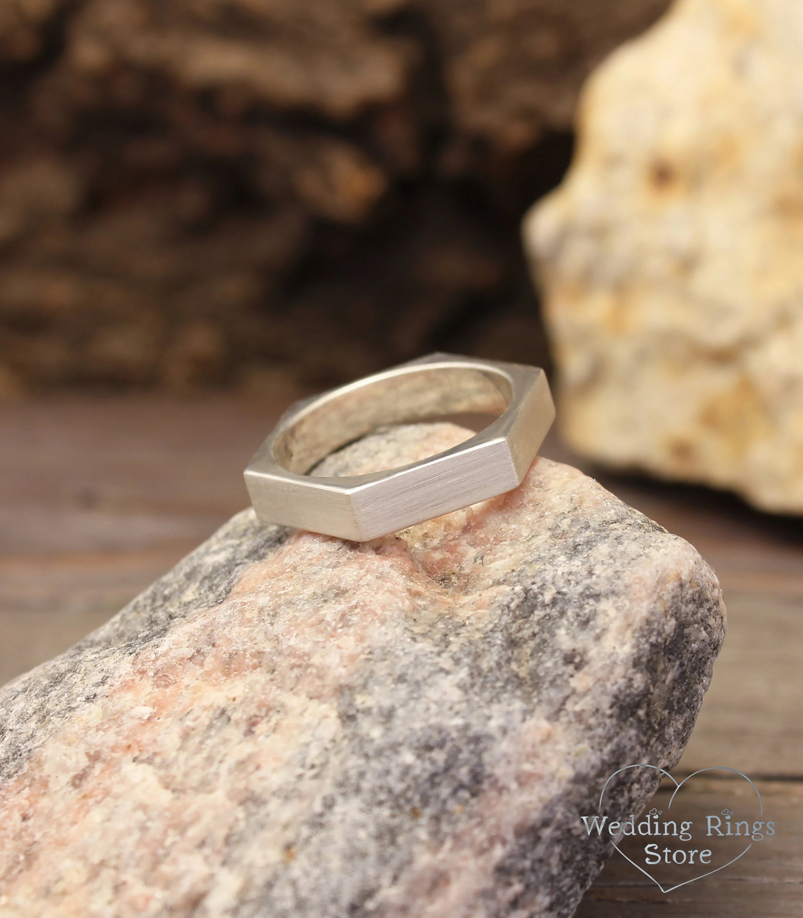 Minimalist Silver Hexagon Wedding Rings for Couple