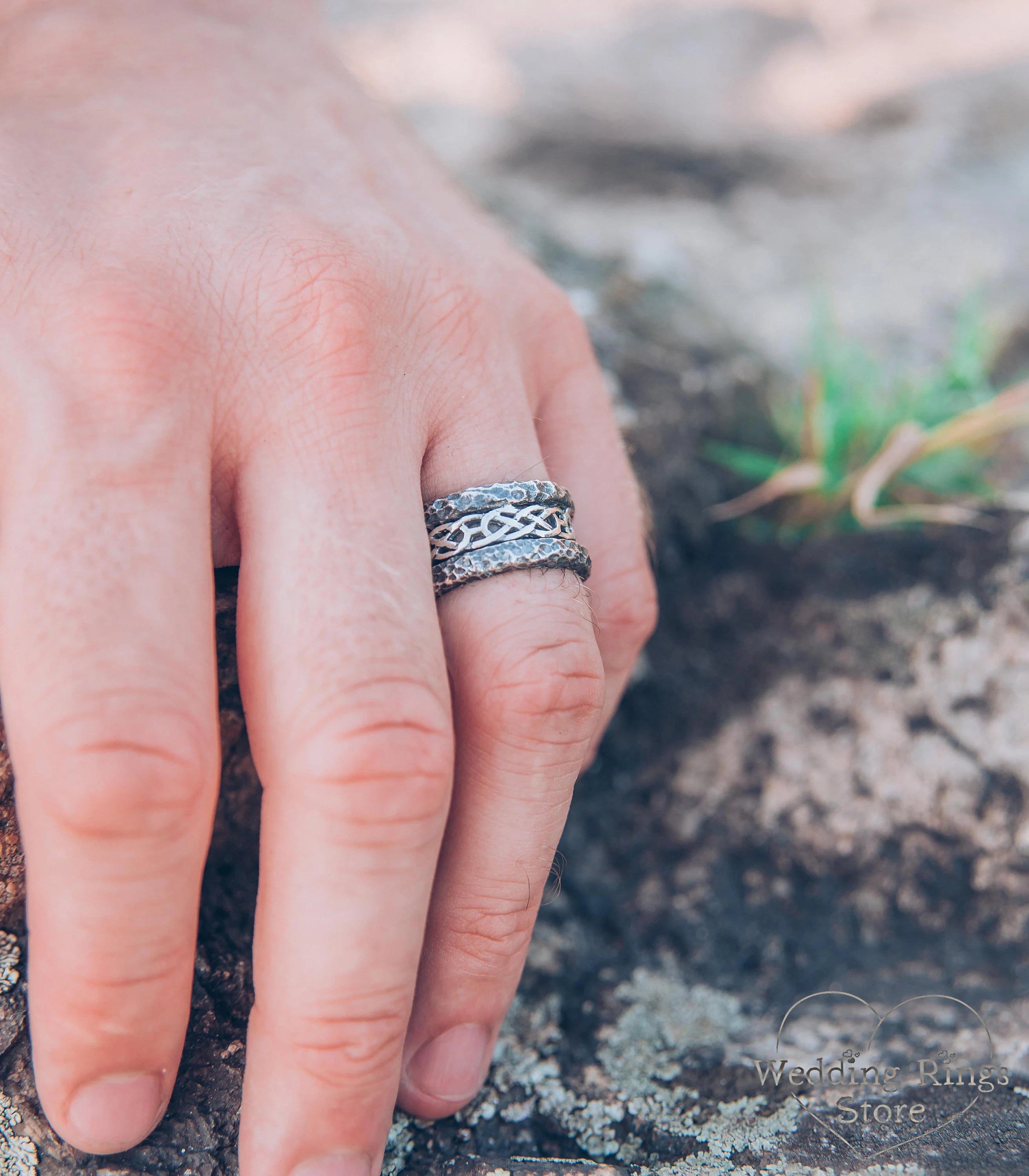 Unique Silver Celtic Wedding Band with Hammered Edges