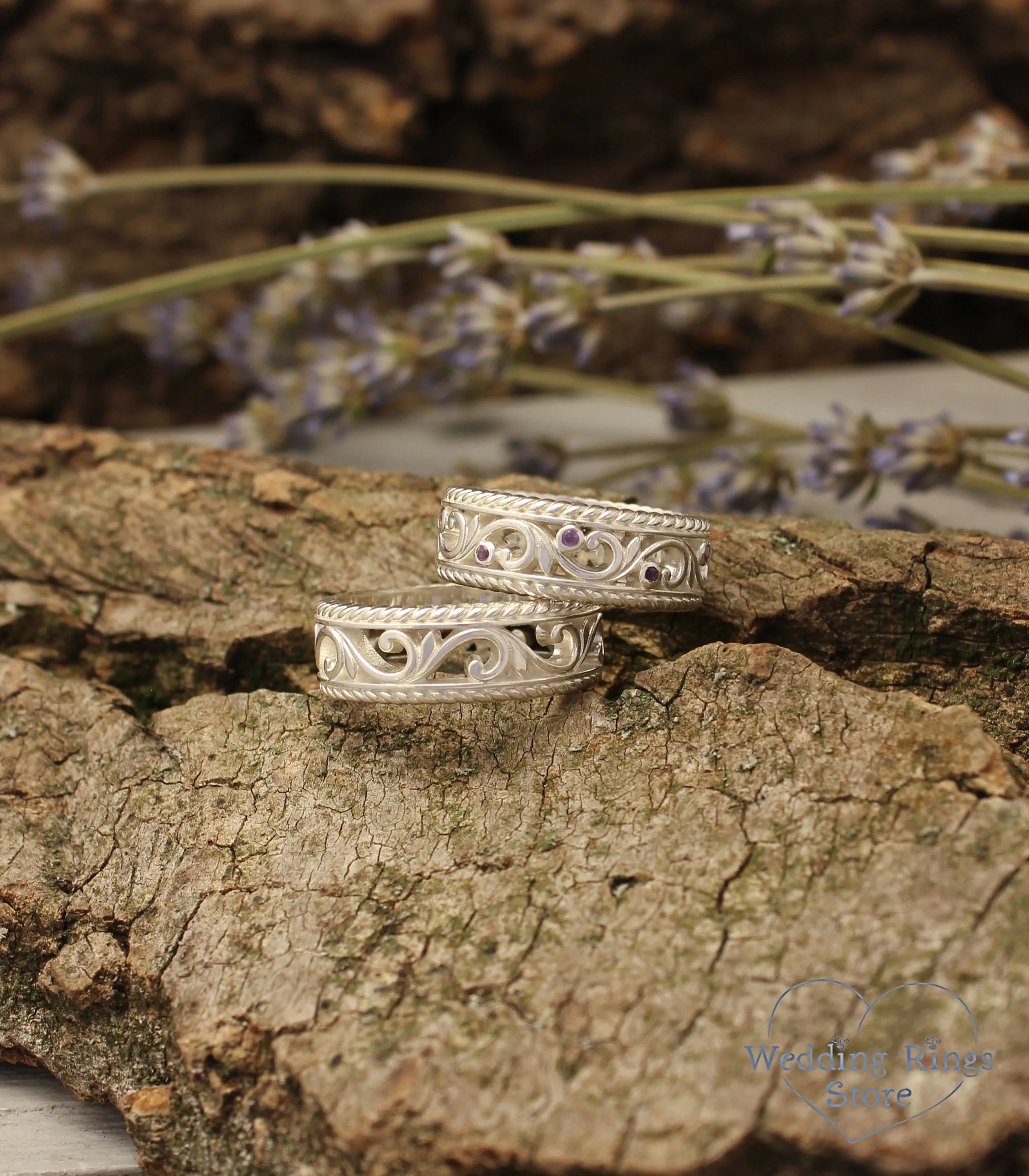 Vintage style Vine & Amethysts Couple Rings Set