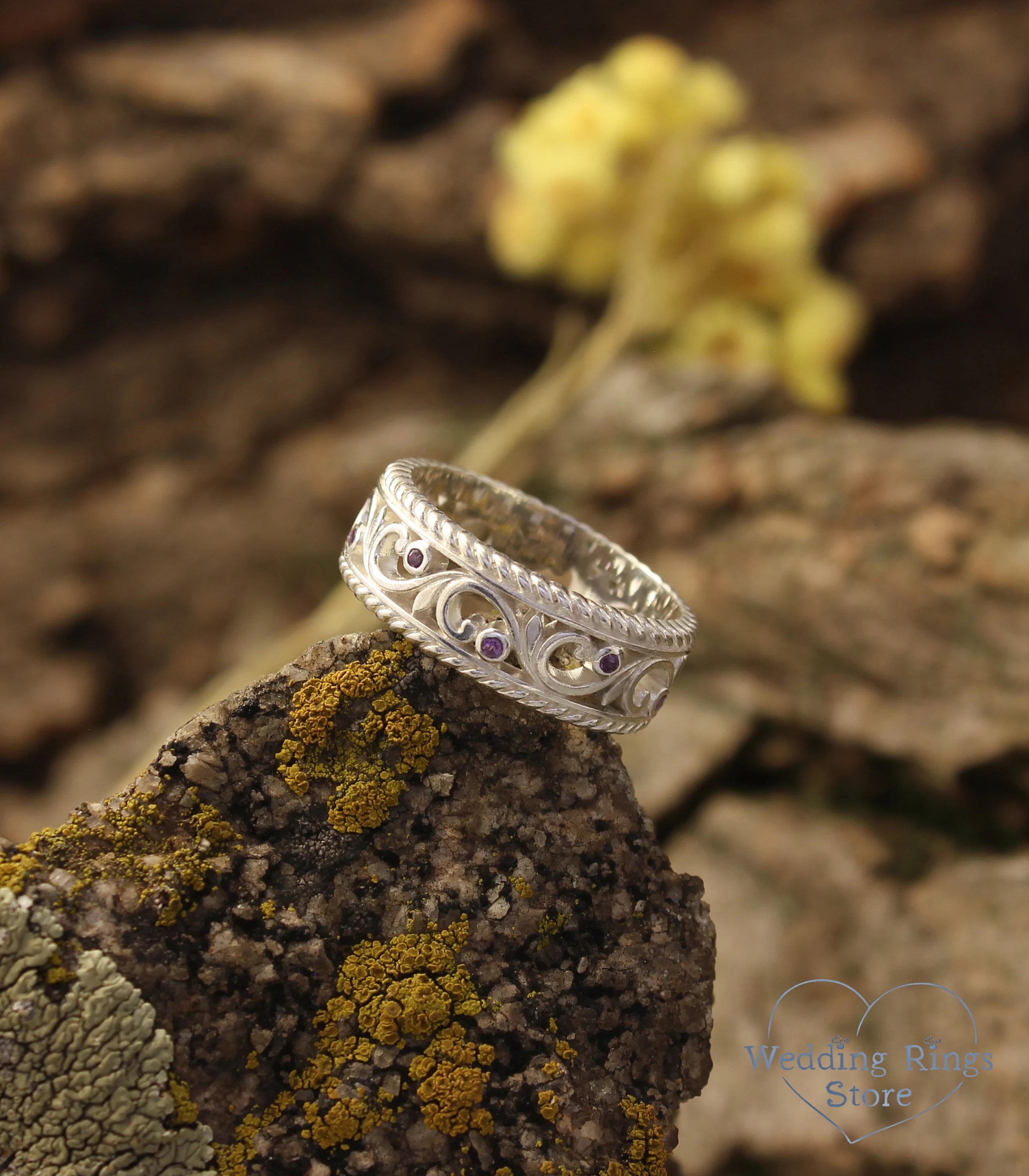 Vintage style Vine & Amethysts Couple Rings Set