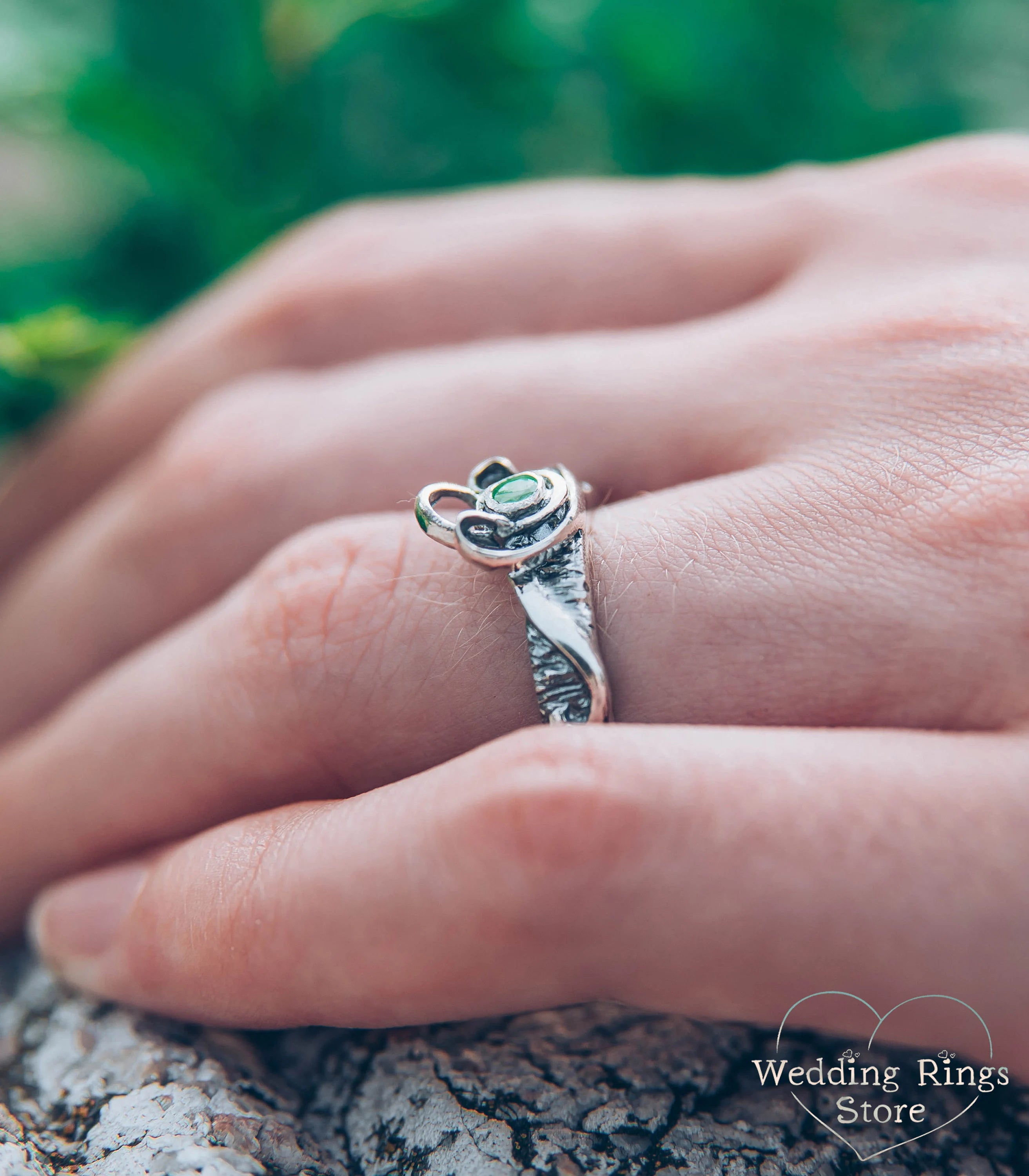 Green Lab Emerald Engagement Ring with Weave Leaves made in Silver