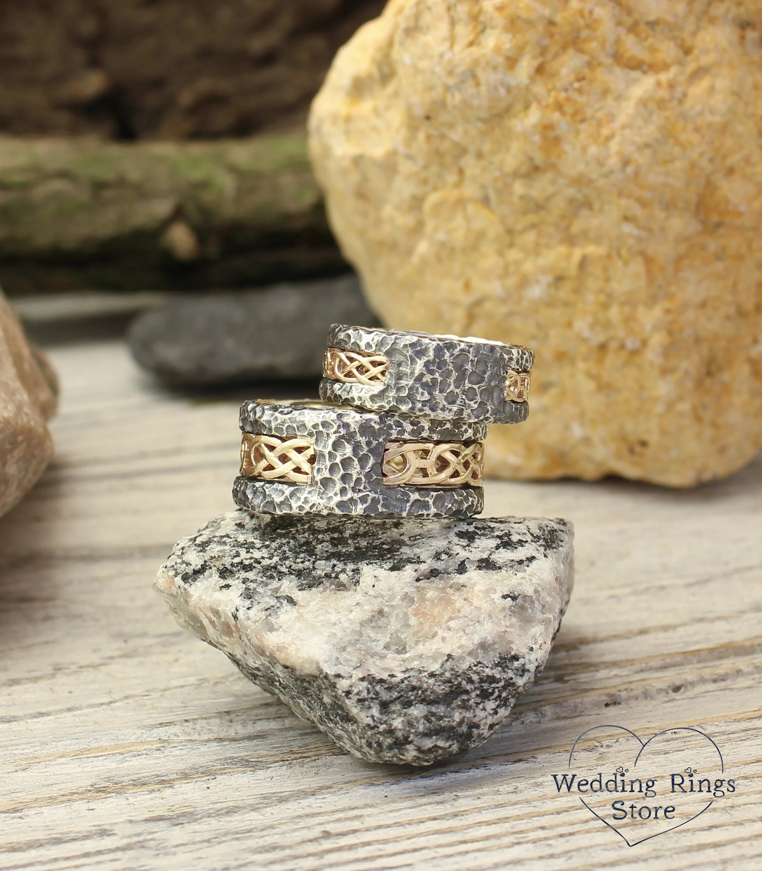 Silver & Gold Hammered Matching Celtic Rings Set