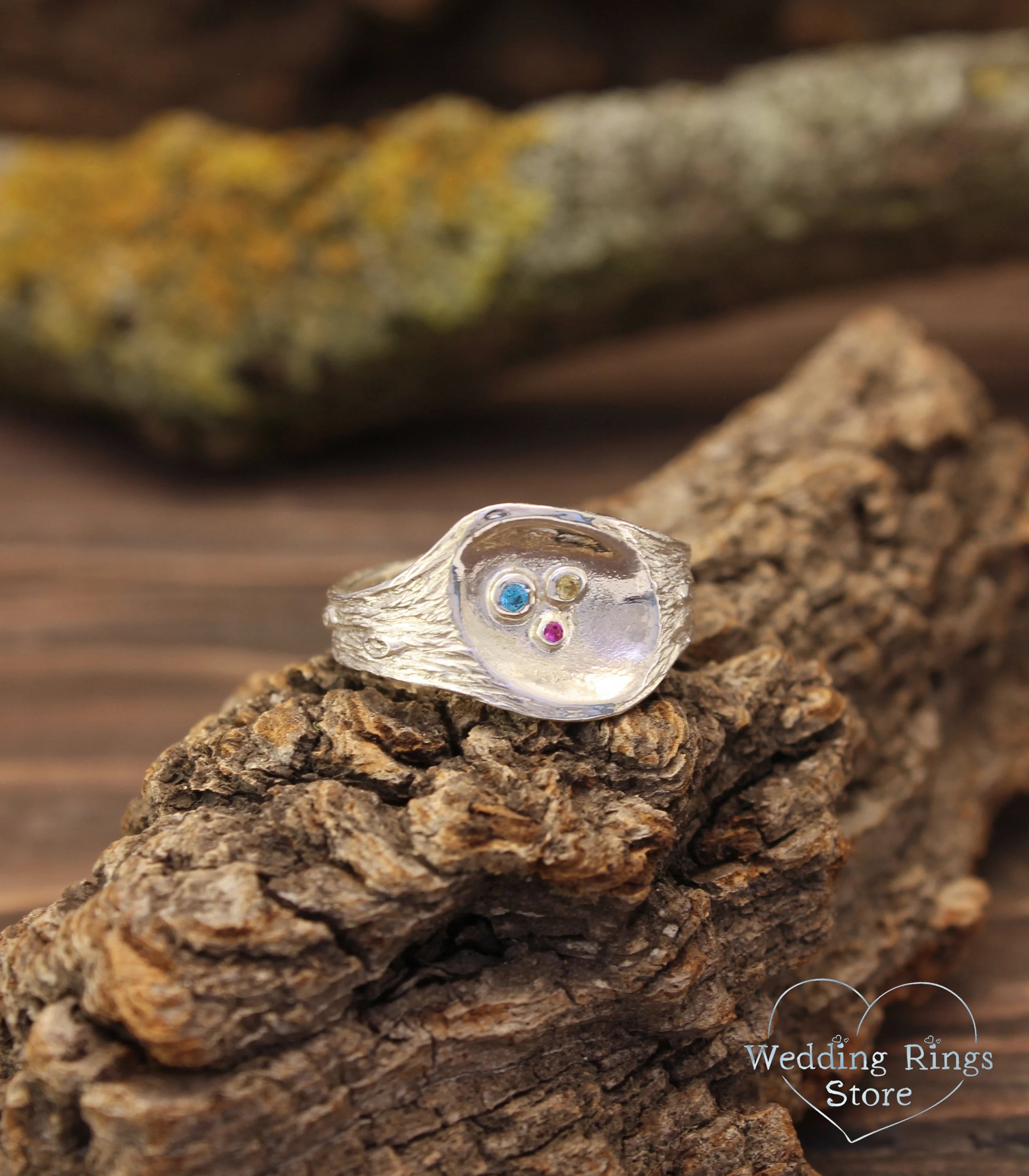 Three Custom Birthstones Silver Branch Nature Ring