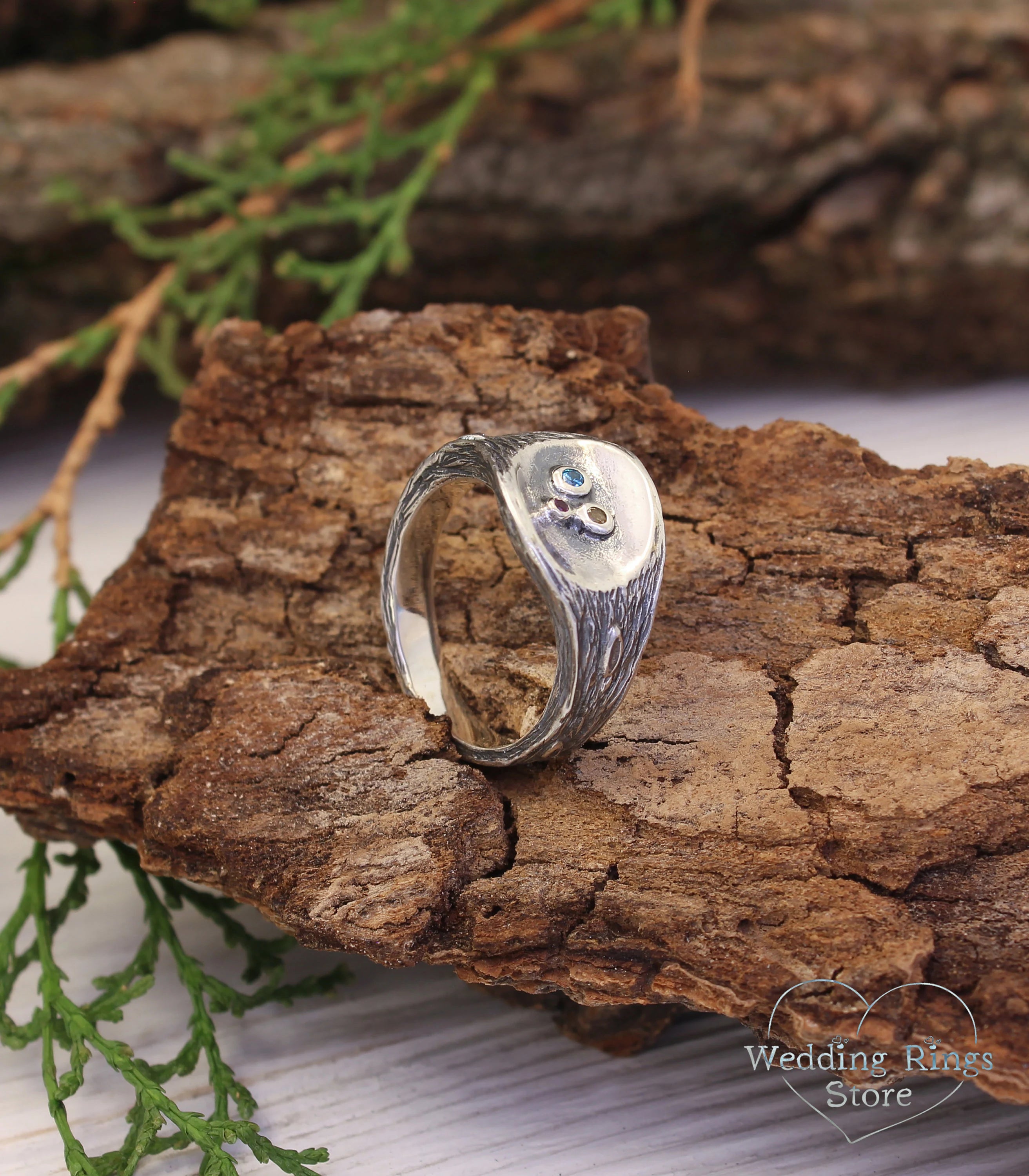 Three Custom Birthstones Silver Branch Nature Ring